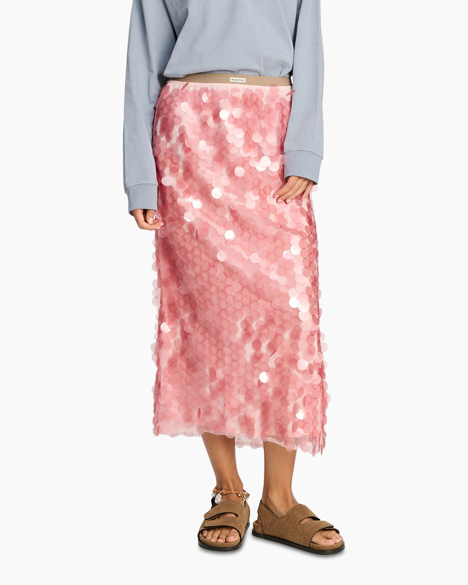 skirt, pink, sequined, mid-length, soft-pink