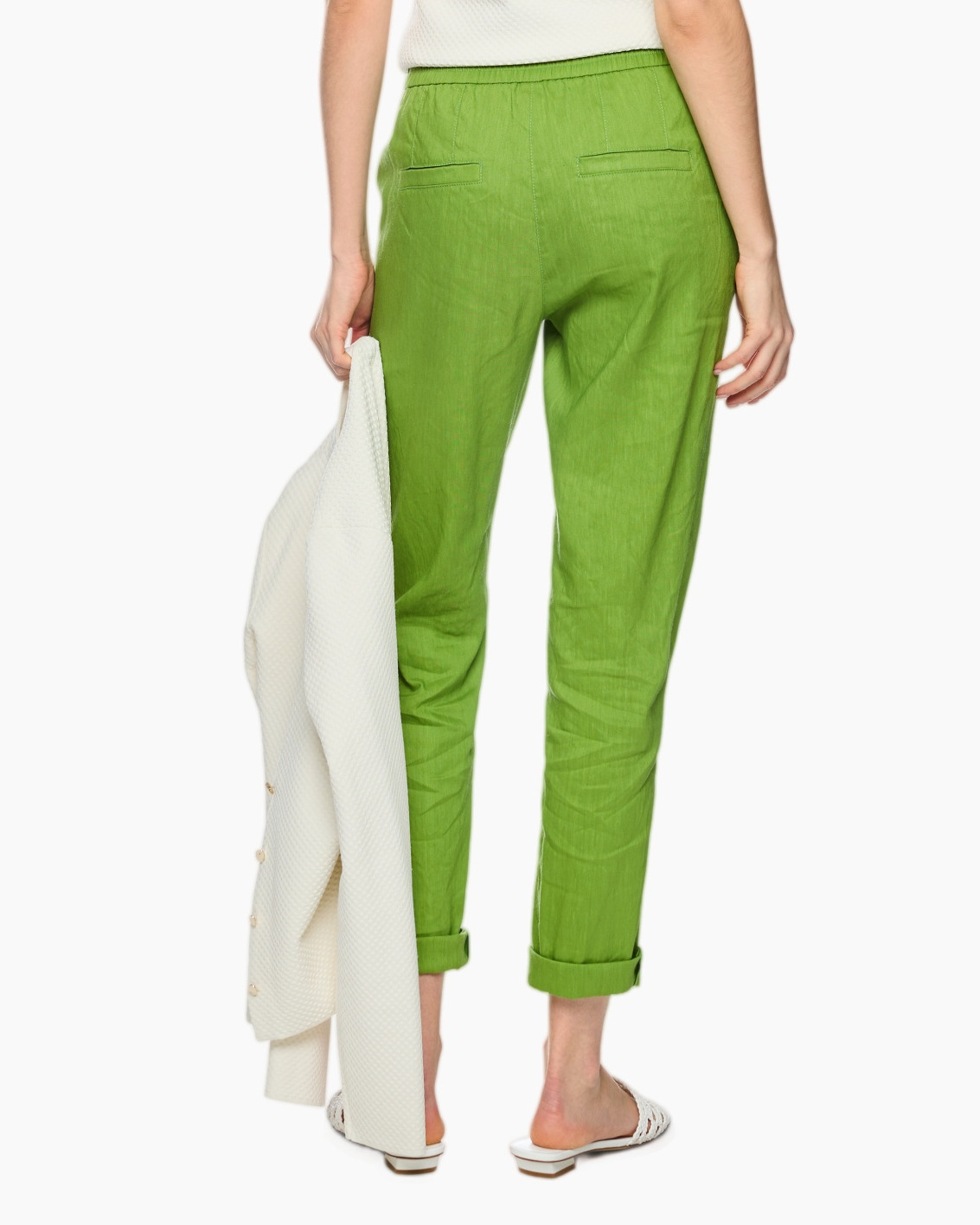 pants, green, linen, rolled cuffs, slip-on sandals