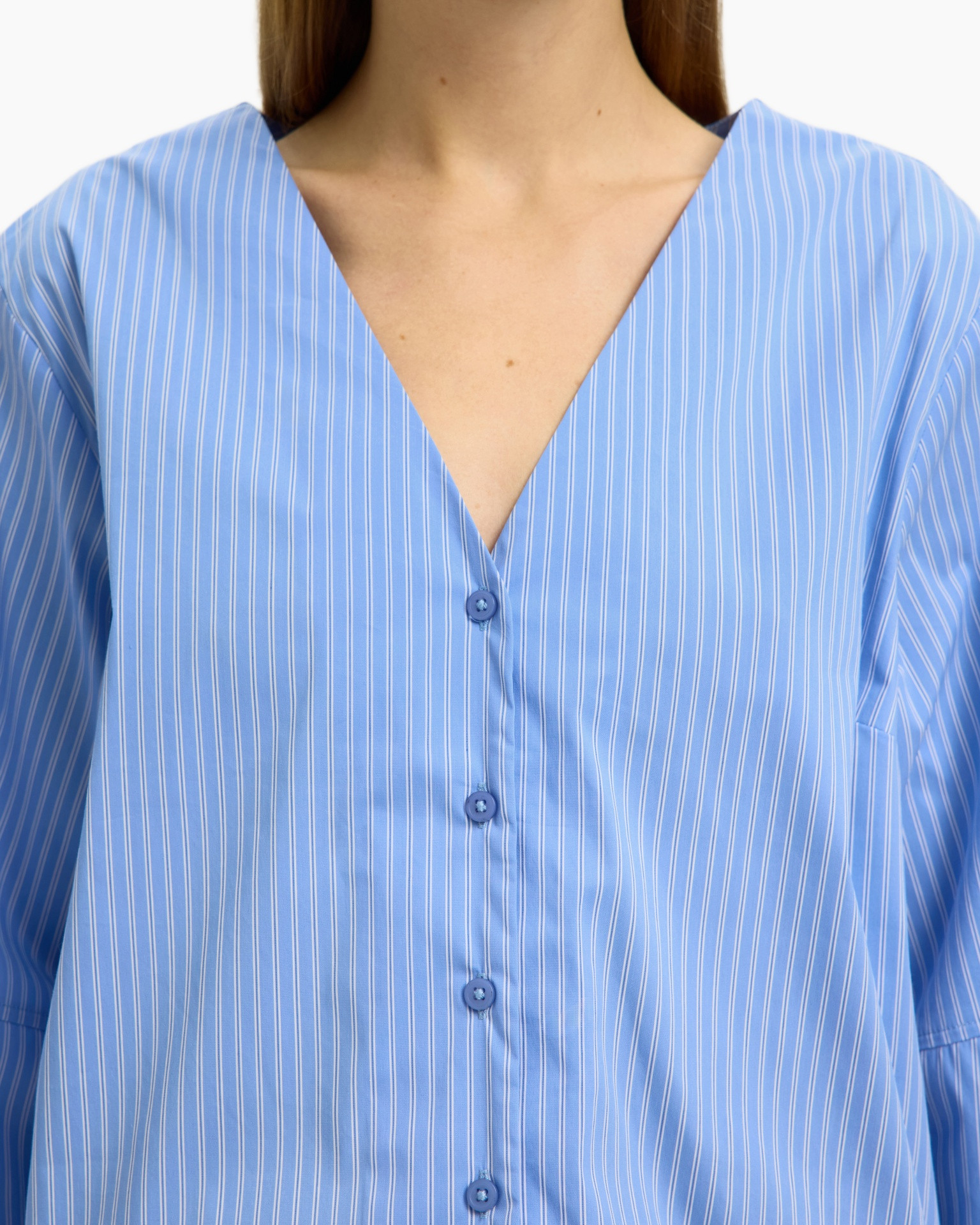 blauw shirt, gestreept patroon, knopen sluiting, v-hals, katoenblend
