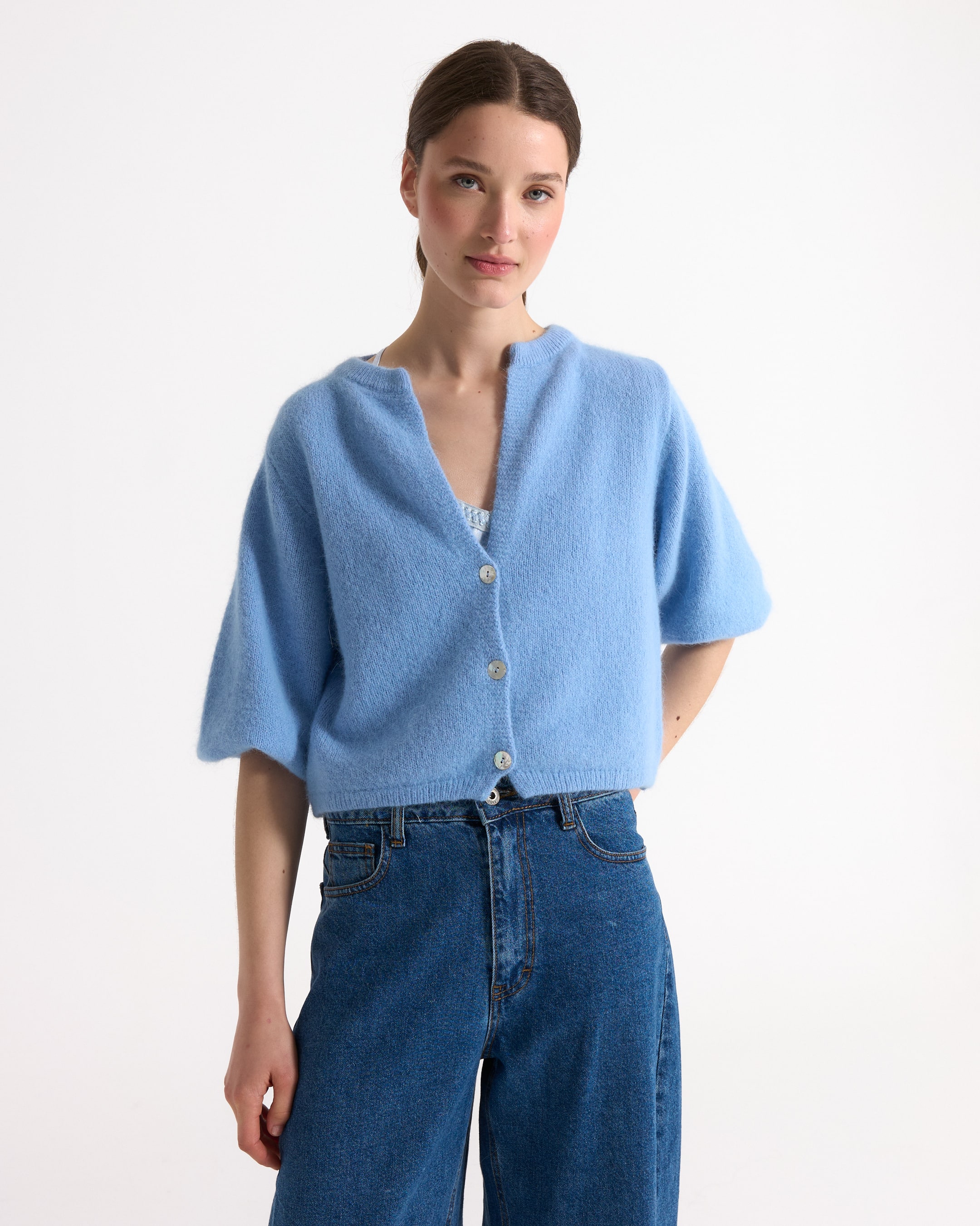 cardigan, blauw, korte mouwen, knopen, gebreide top, cardigan, blauw, kortmouwen, knopen, brei