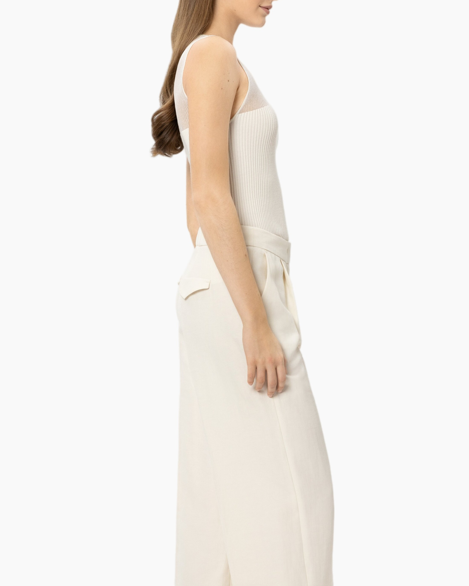 tanktop, gebreide rib, mouwloos, beige, hoge taille broek