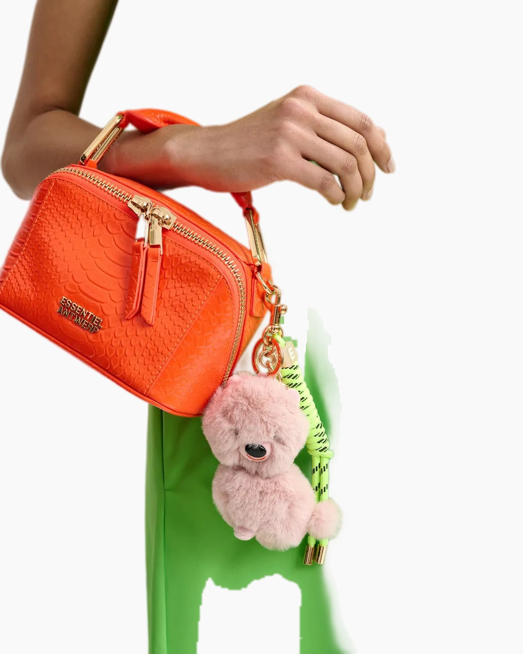 roze pluche hond, sleutelhanger, pompon, neon touw, metaall lour