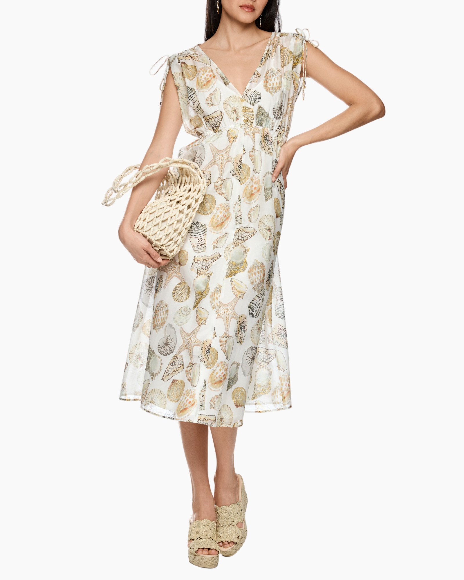 dress, mid-length, sleeveless, shell print, summer