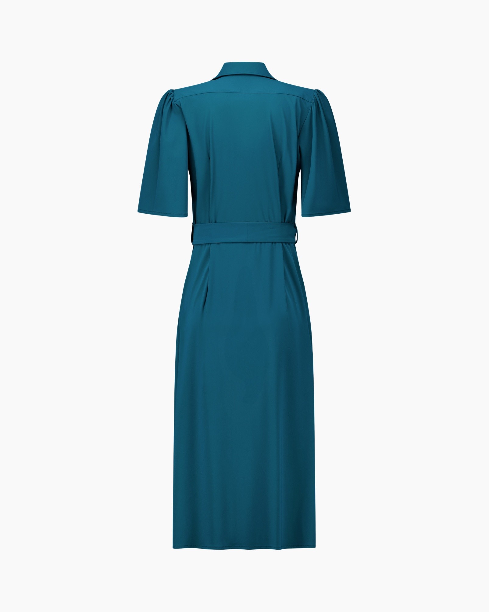 jurk, teal, riem, midi, korte mouwen