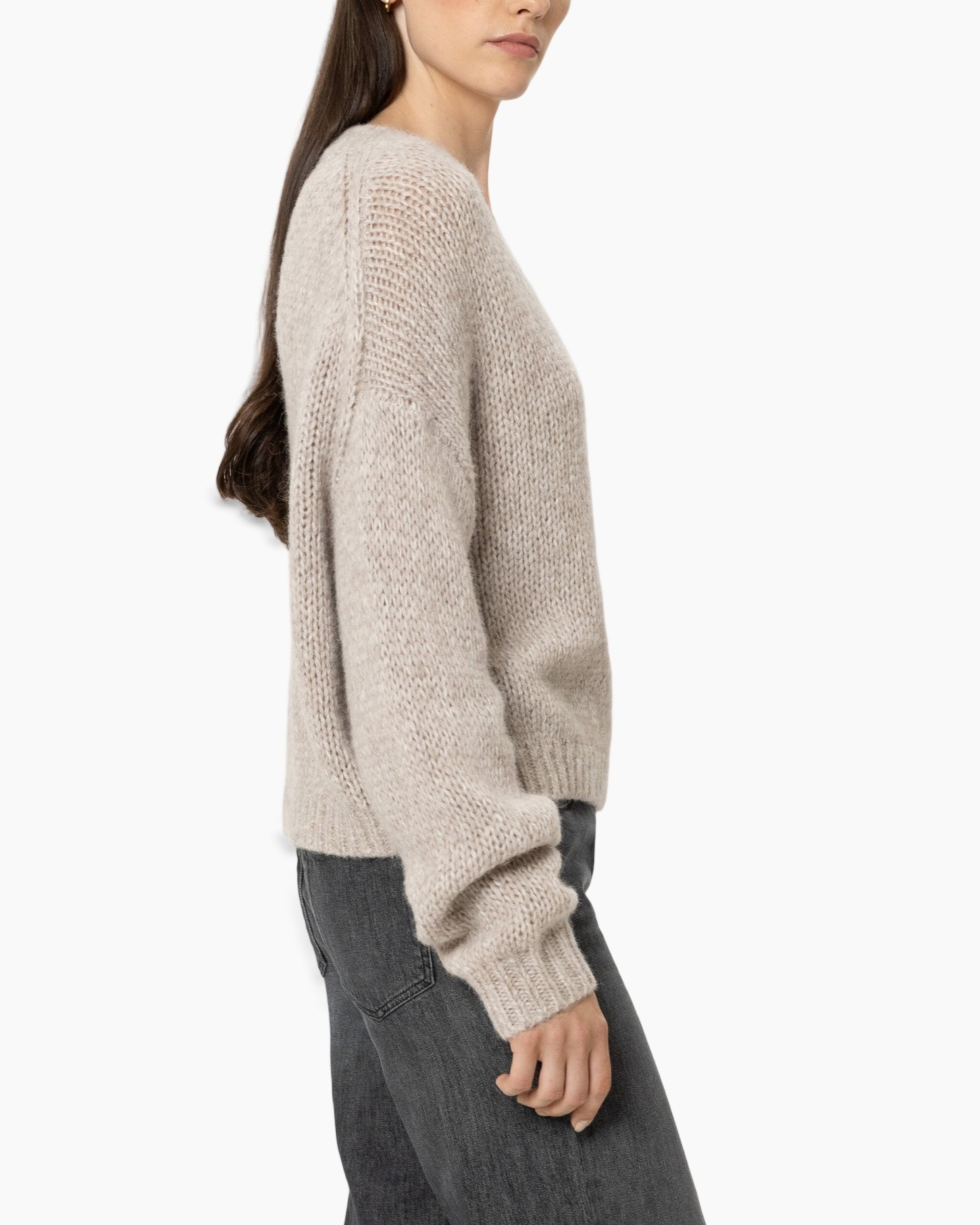 breiesteek trui, v-hals, beige, dik gebreide, lange mouw