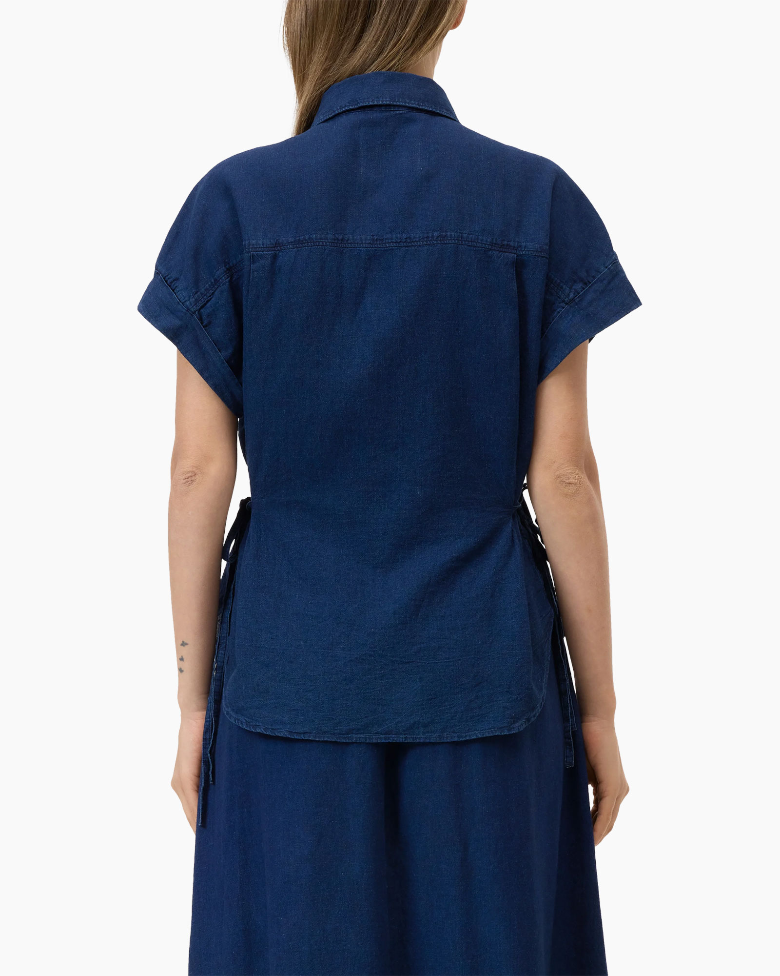 denim, knopen-via, korte mouwen, kraag, top