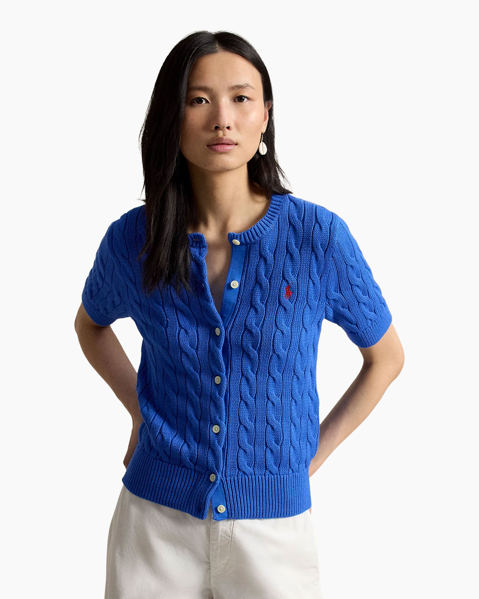 blue cardigan, cable knit, short sleeves, button front, pullover cardigan