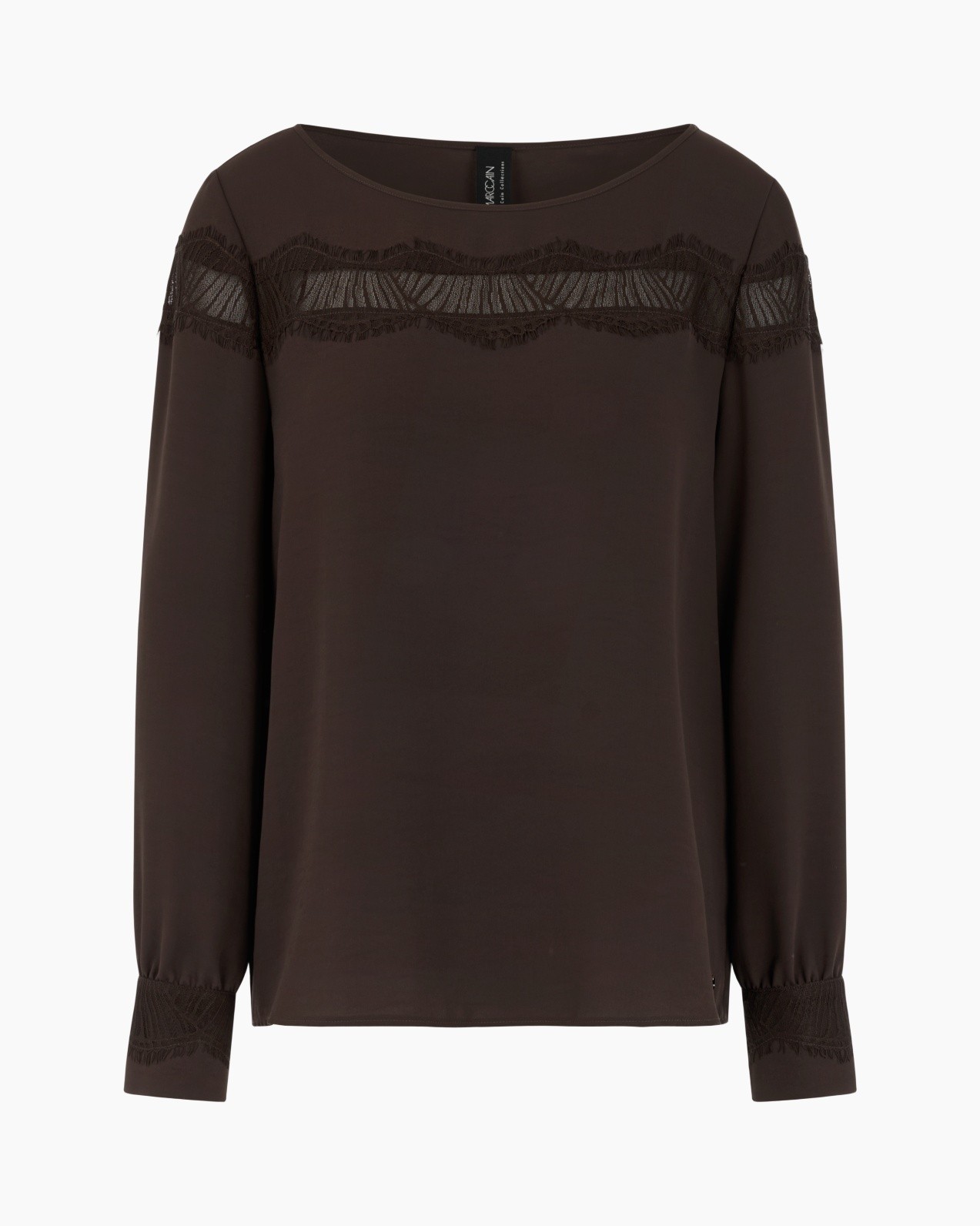 bruin top, kantdetail, lange mouw, ronde hals, damesblouse