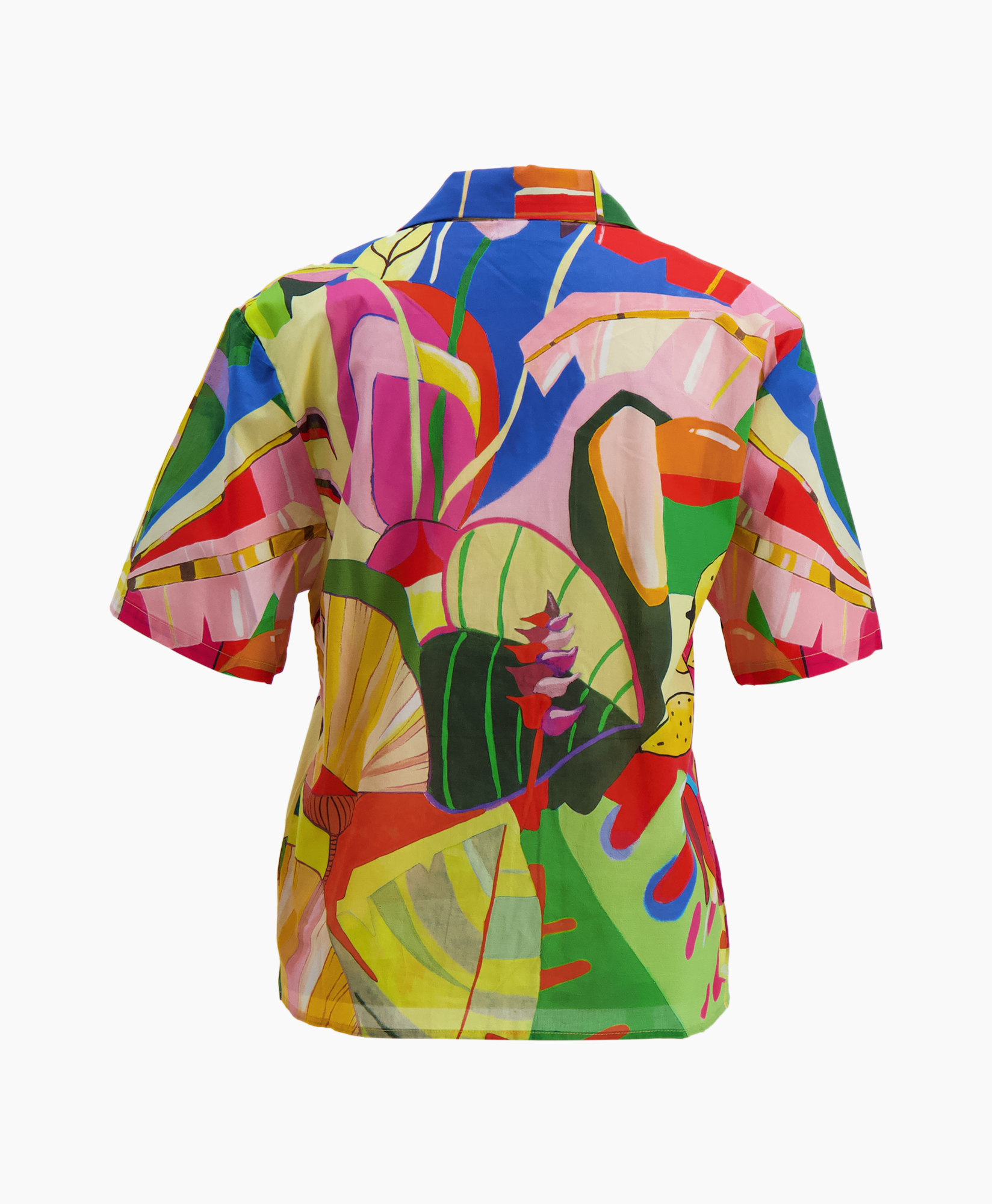 loha shirt, short sleeve, drawstring, colorful print, button-free front