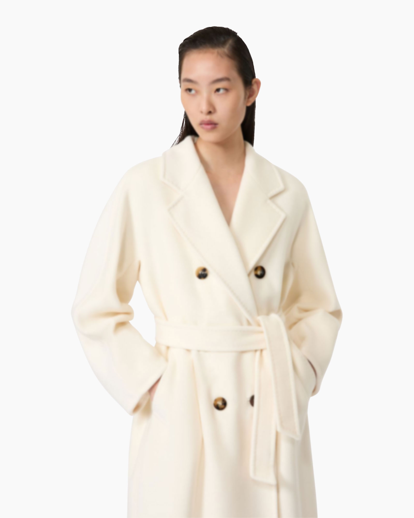 jas, doublé boutonnage, ceinture, crème, long