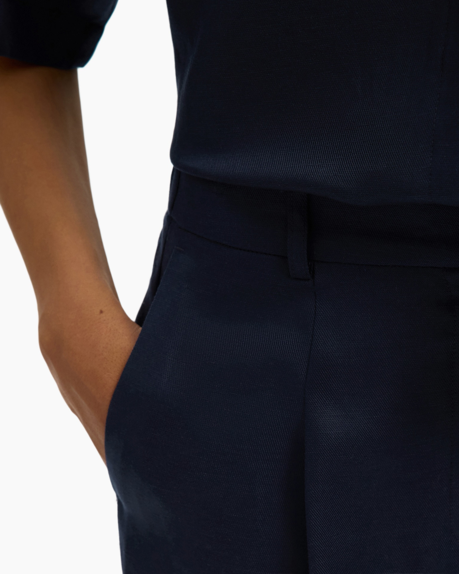 navy pants, dress pants, waistband, pocket, solid color