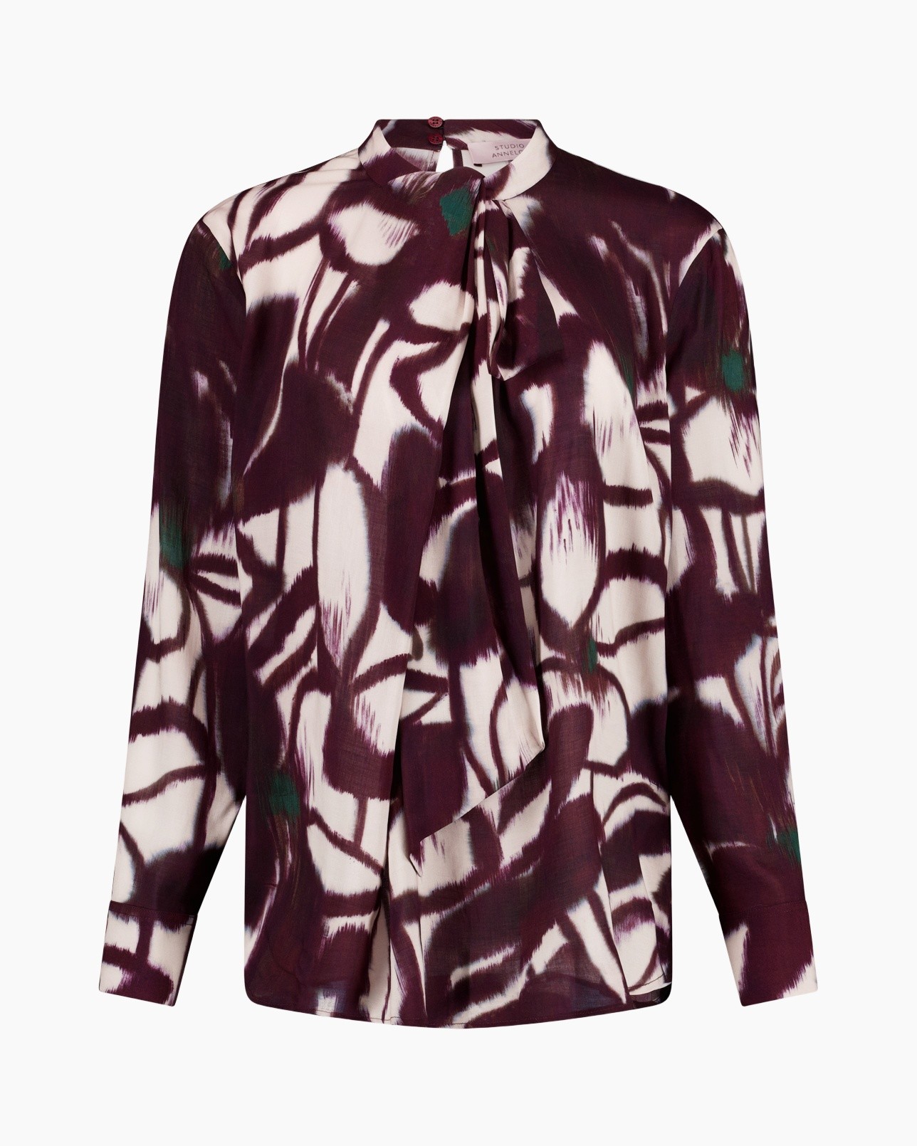 blouse, halsbandknoop, abstract patroon, lange mouwen, bordeaux