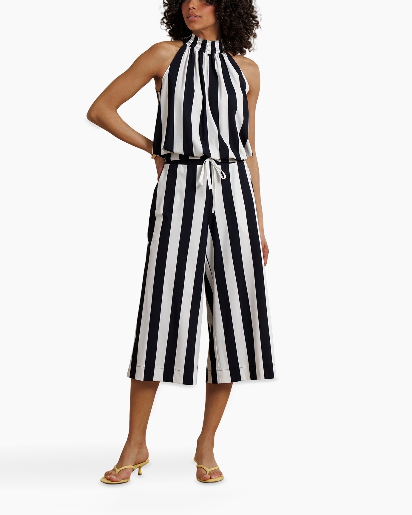 stribet, broek, wijdlopende, culotte, middenlengte