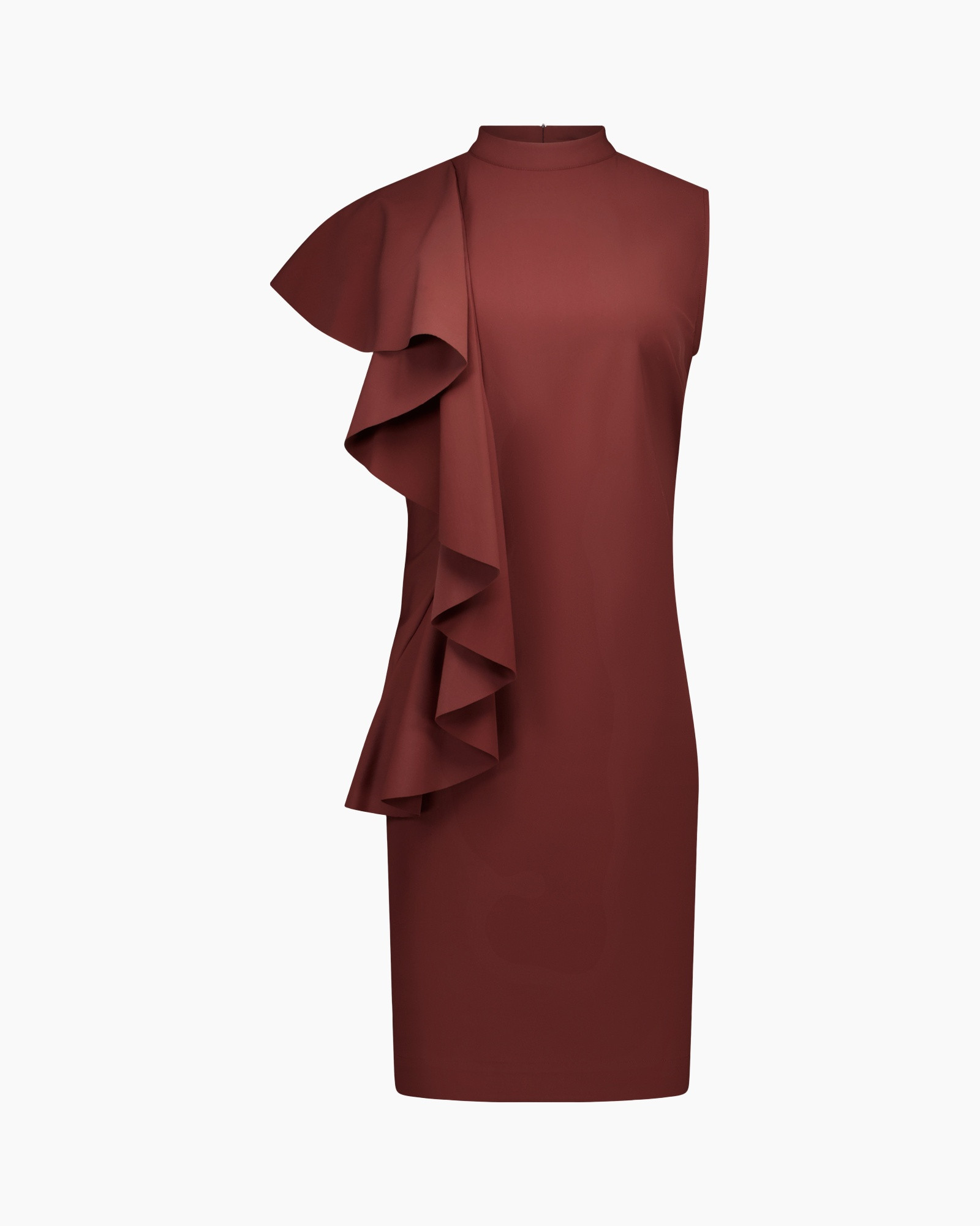 dress, one-shoulder, ruffle, mid-length, burgundy