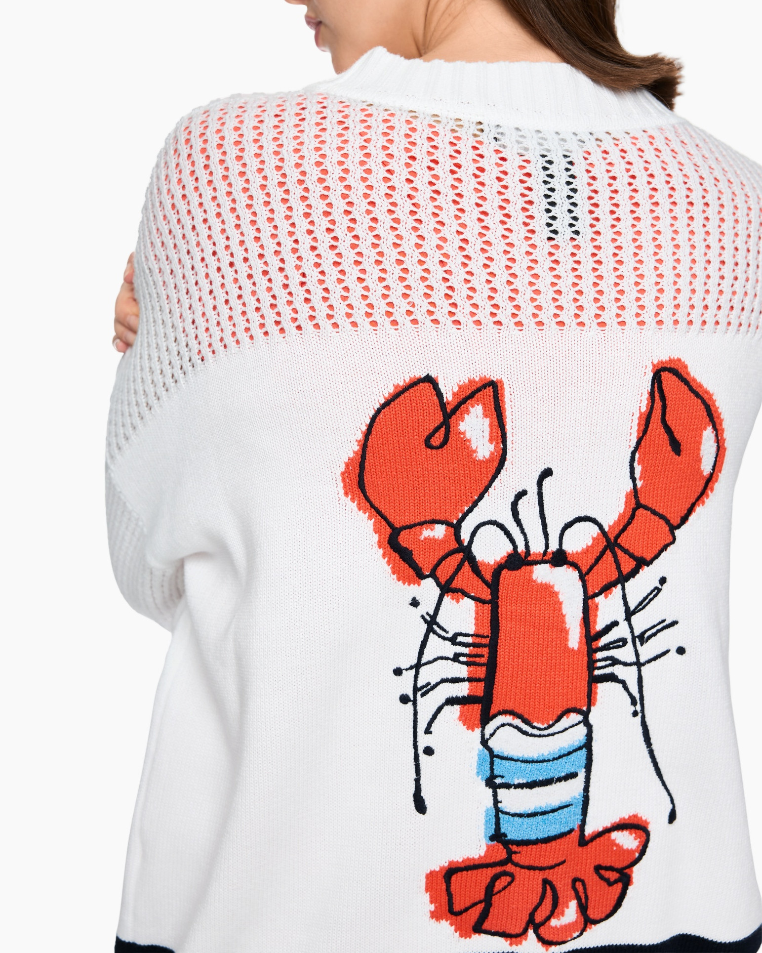 sweater, lobster print, crochet knit, white, back view