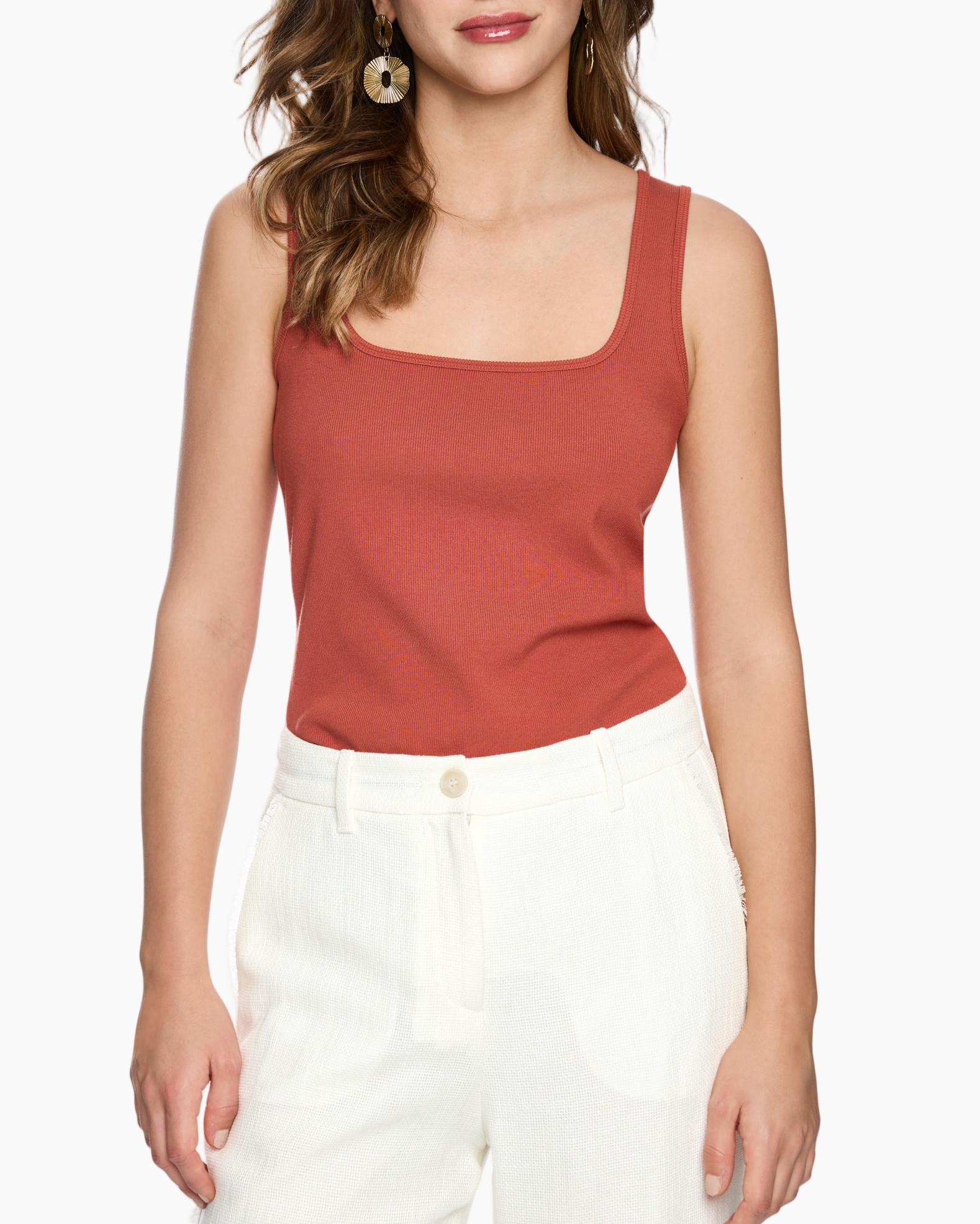 tank top, sleeveless, rust color, ribbed knit, crew neckline