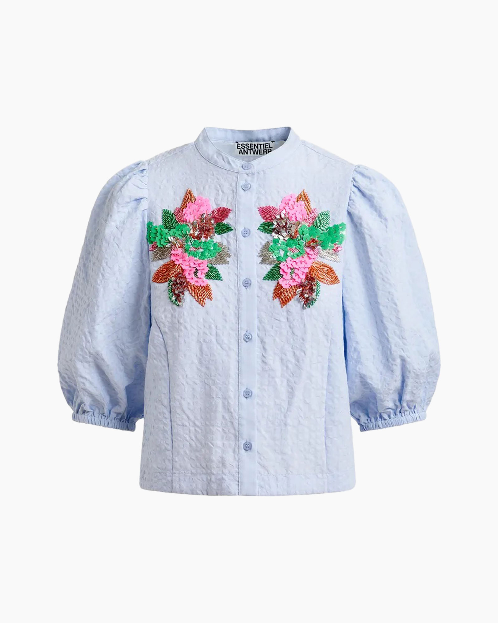 blouse, borduurwerk, bloemen, pofmouwen, lichtblauw