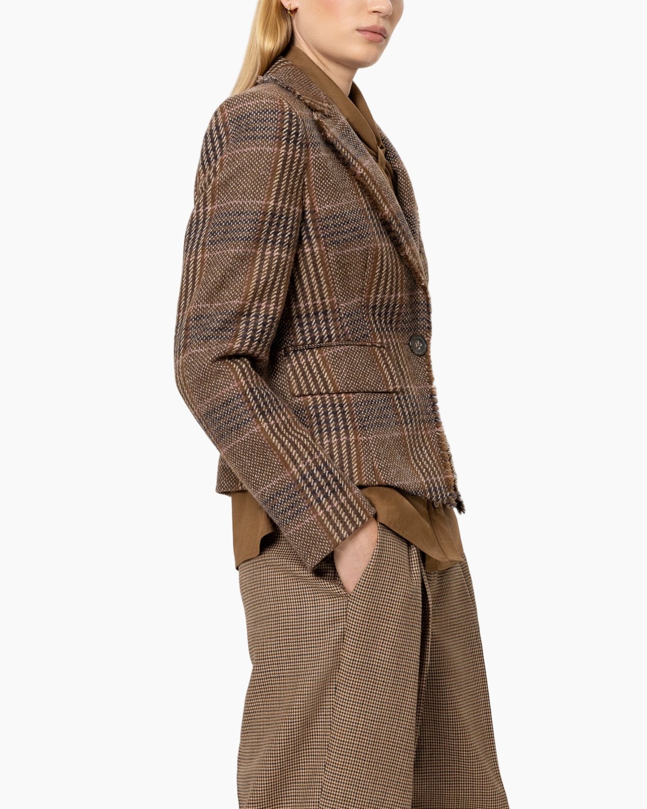 blazer, ruit, bruin, geweven patroon, tailored