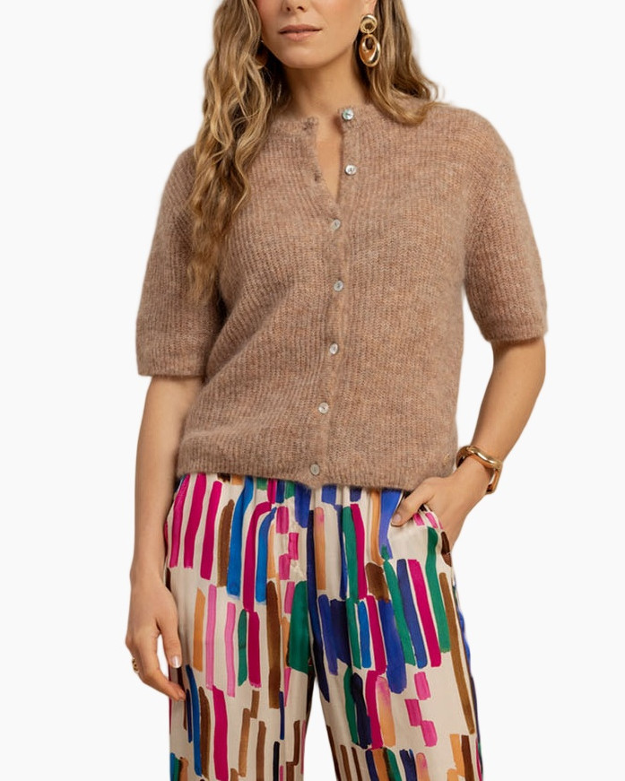 cardigan, knit, short-sleeve, button-up, beige