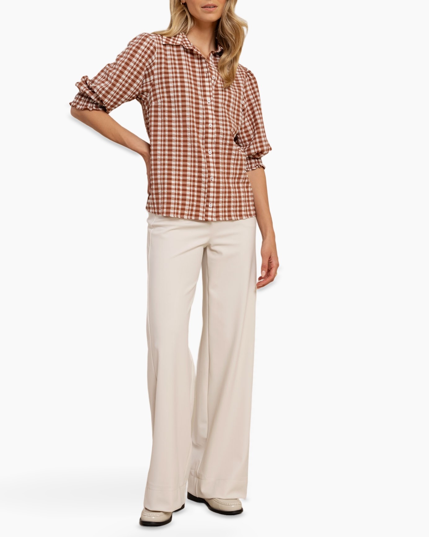 geruite blouse, gingham, knopen overhemd, lange mouwen, kraaghemd