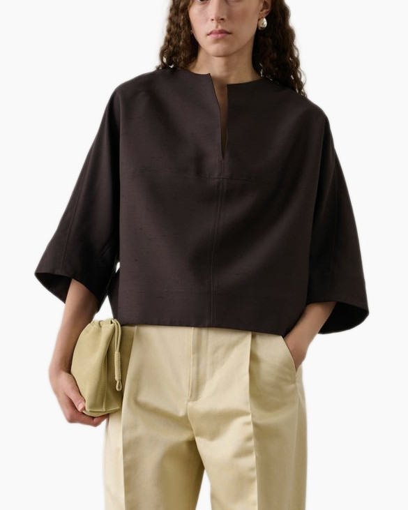 top, blouse, losse pasvorm, donkerbruin, korte mouwen