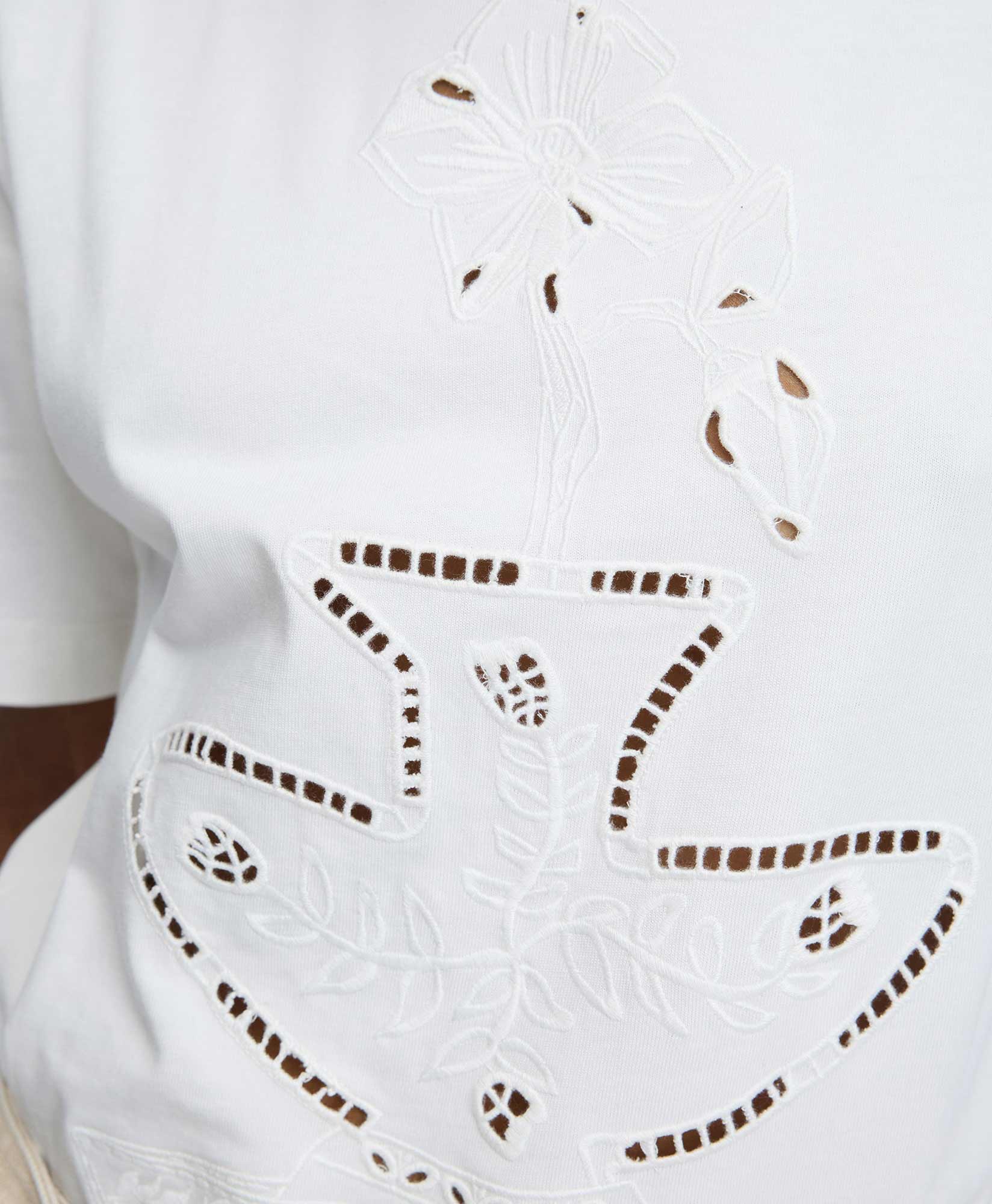 white top, embroidered shirt, eyelet pattern, floral embroidery, cutout detail