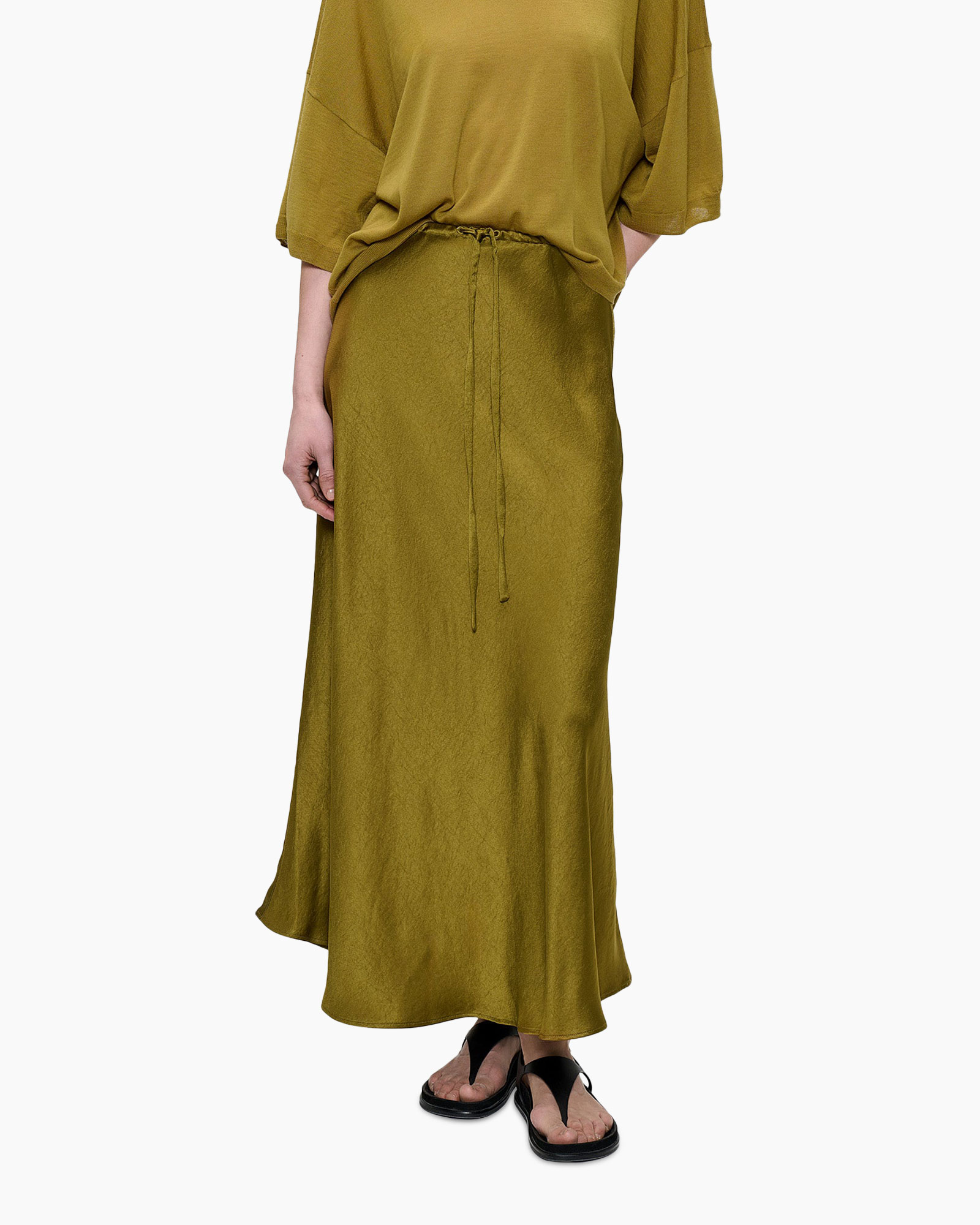 skirt, maxi, drawstring, olive, slip-on sandals
