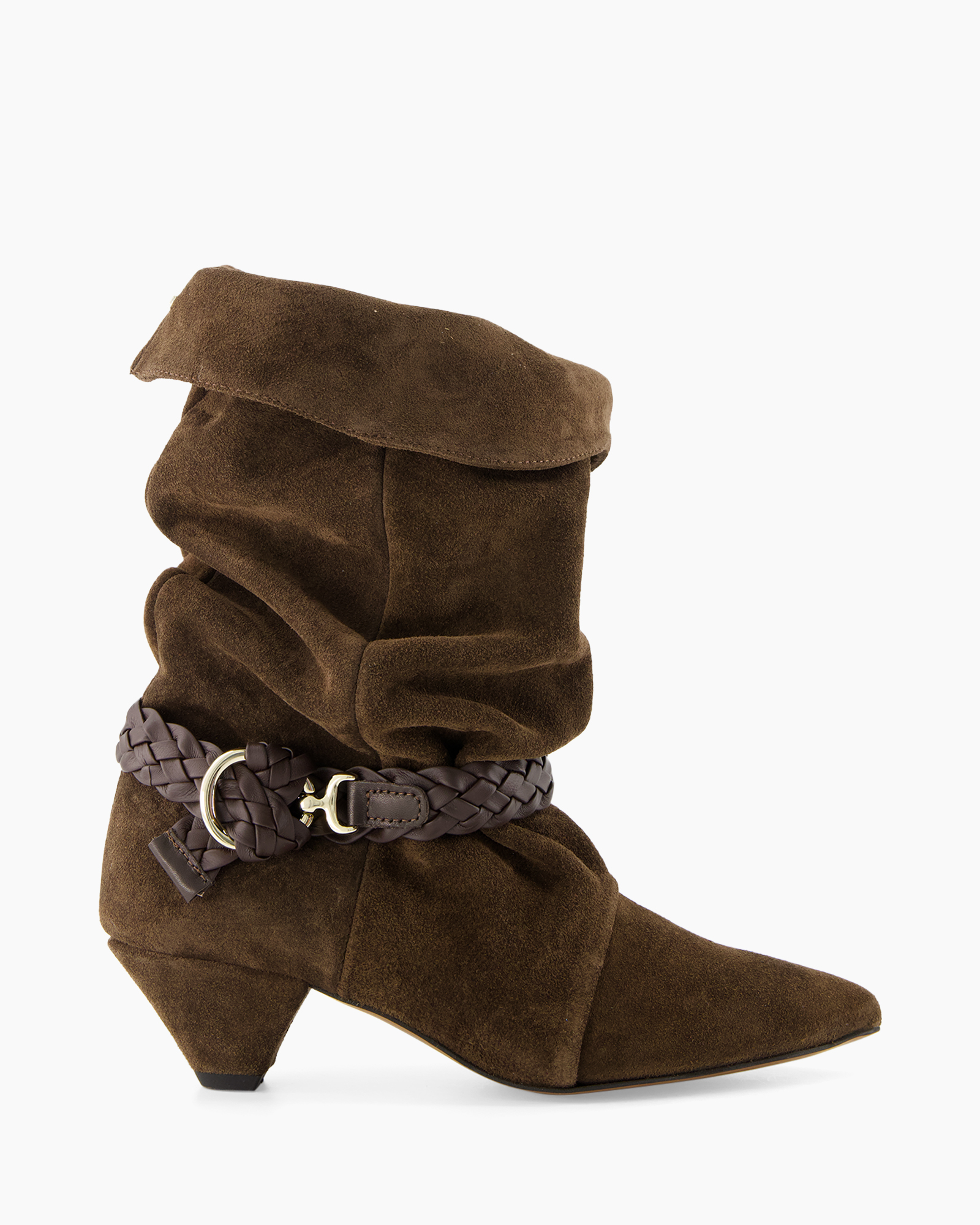 enkelboot, bruine suède, mid-hiel, gevlochten riem, slouchy schacht