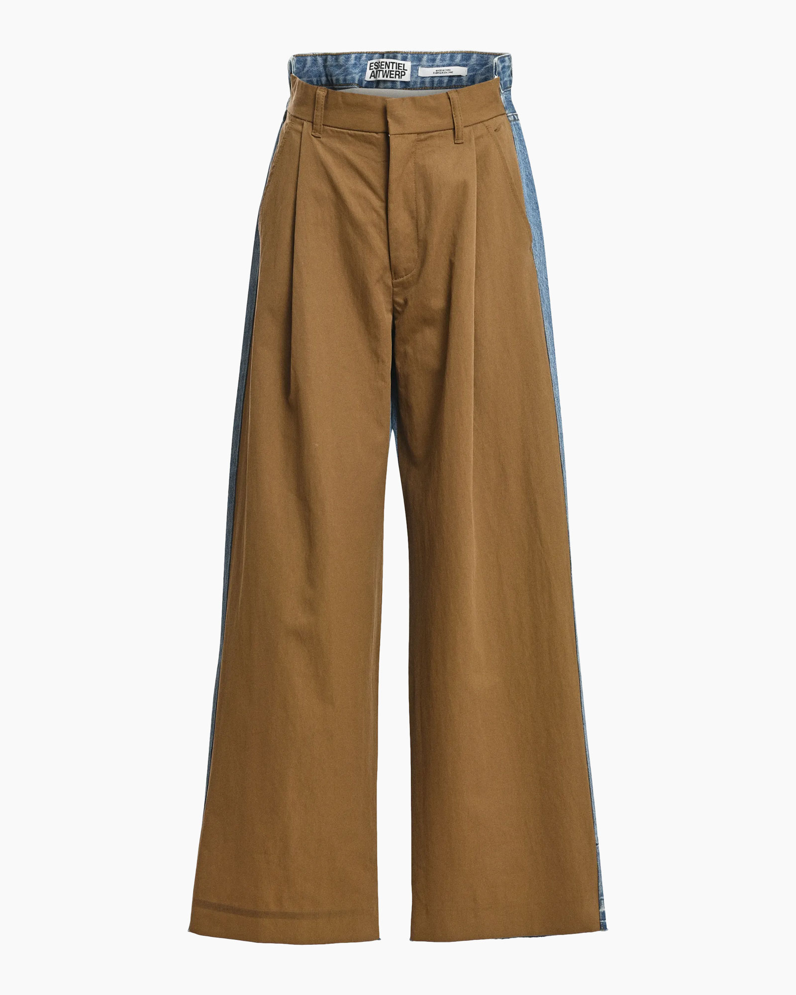 wijdere, bruin, broek, tailleband, zijstreep