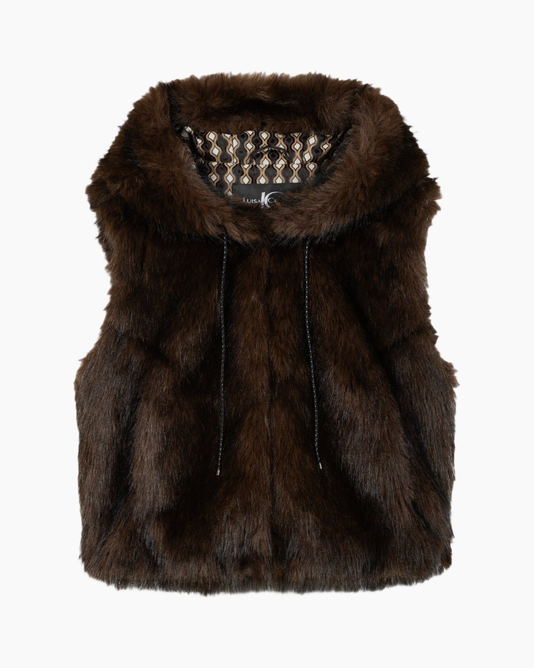Fleece veste, bruin bontvest, mouwloos, vest met capuchon, zachte textuur