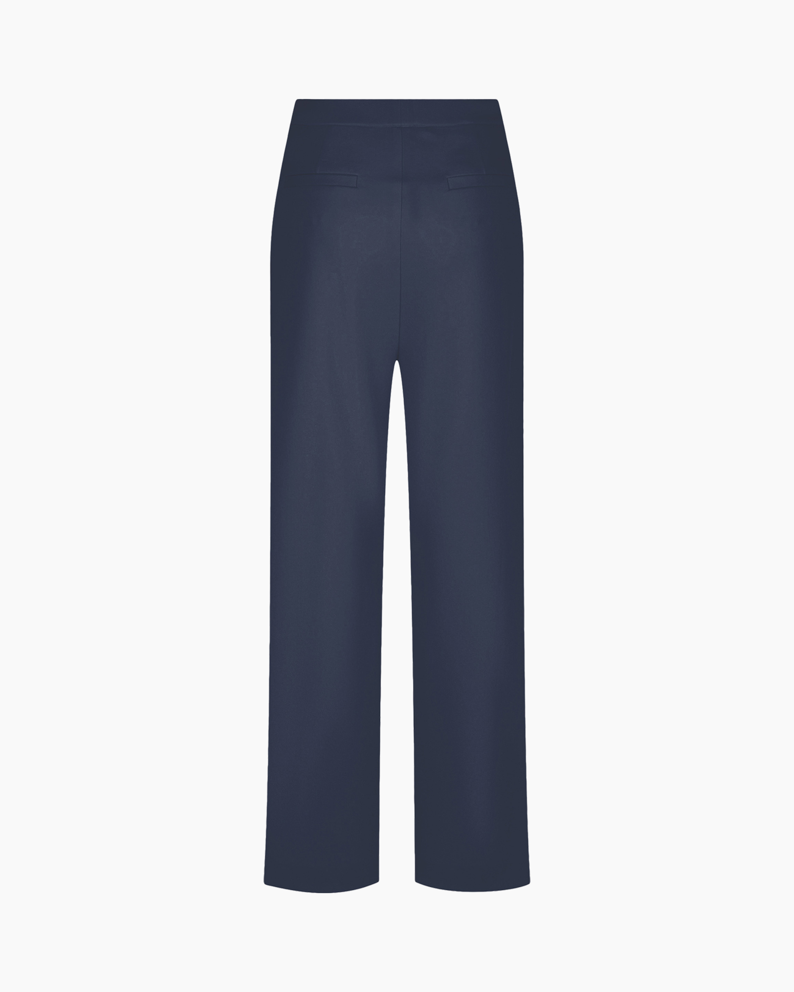 broek, wijd uitlopend, marineblauw, hoge taille, effen