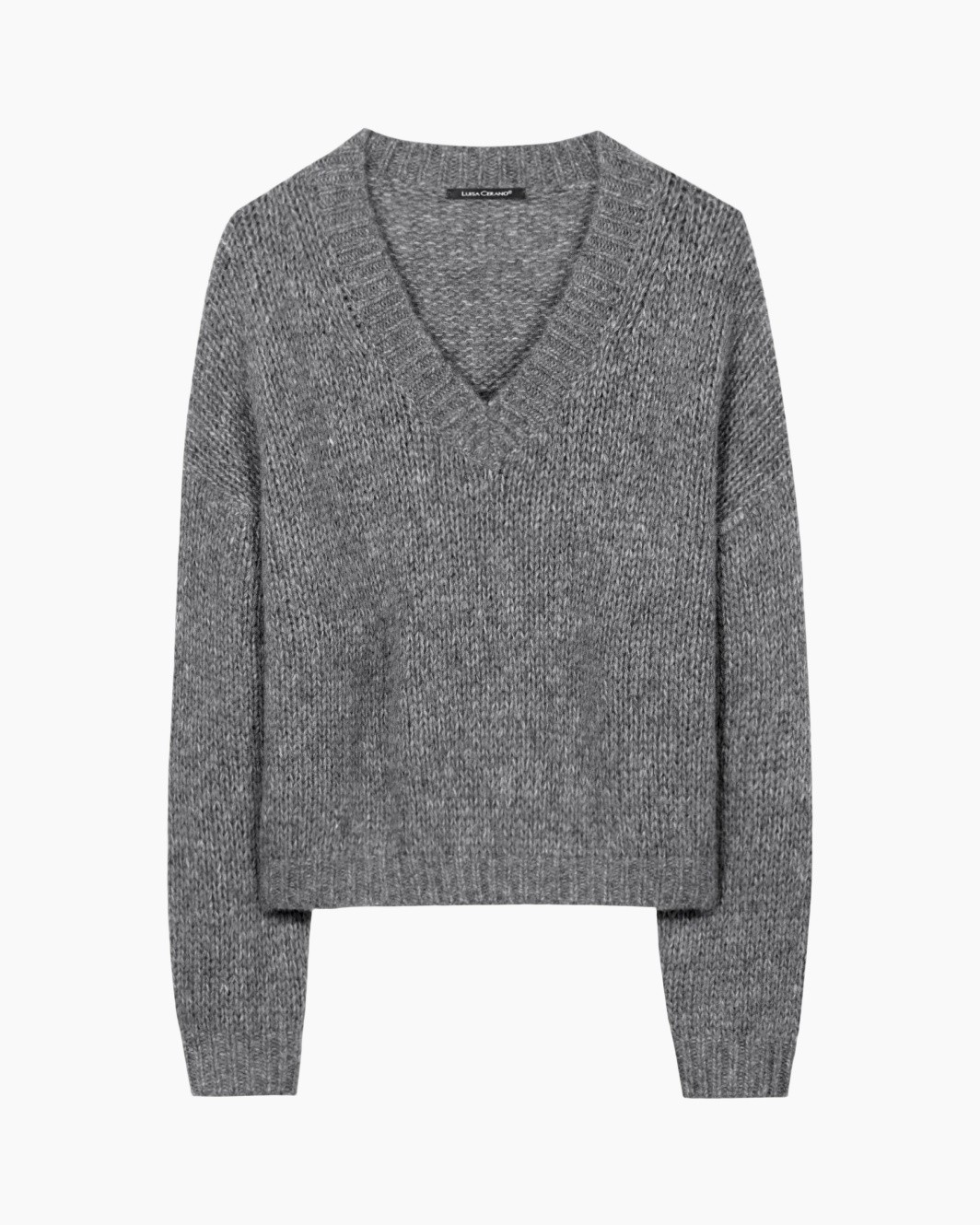 trui, örgü, v-hals, gri, pullover