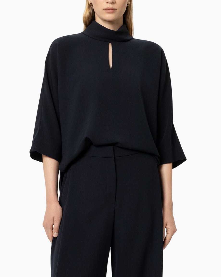 top, blouse, zwart, kimono-mouwen, sleutelgat-nek
