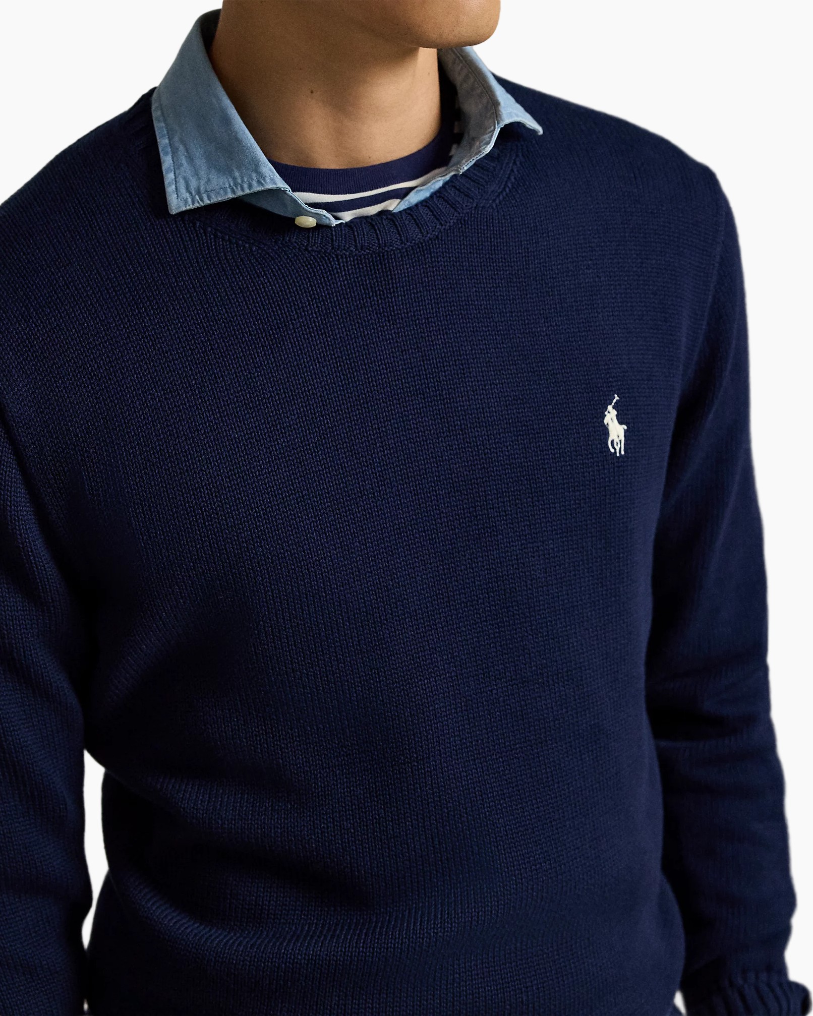 navy trui, crewneck, gebreid, lange mouw, polo-embleem