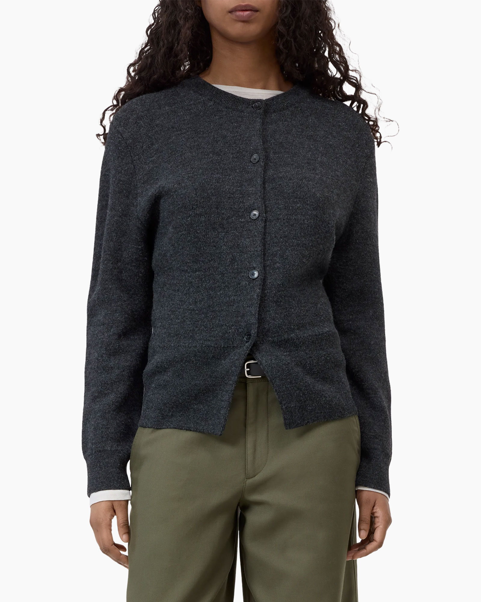 cardigan, breipull, donkergrijs, knopen, langemouw