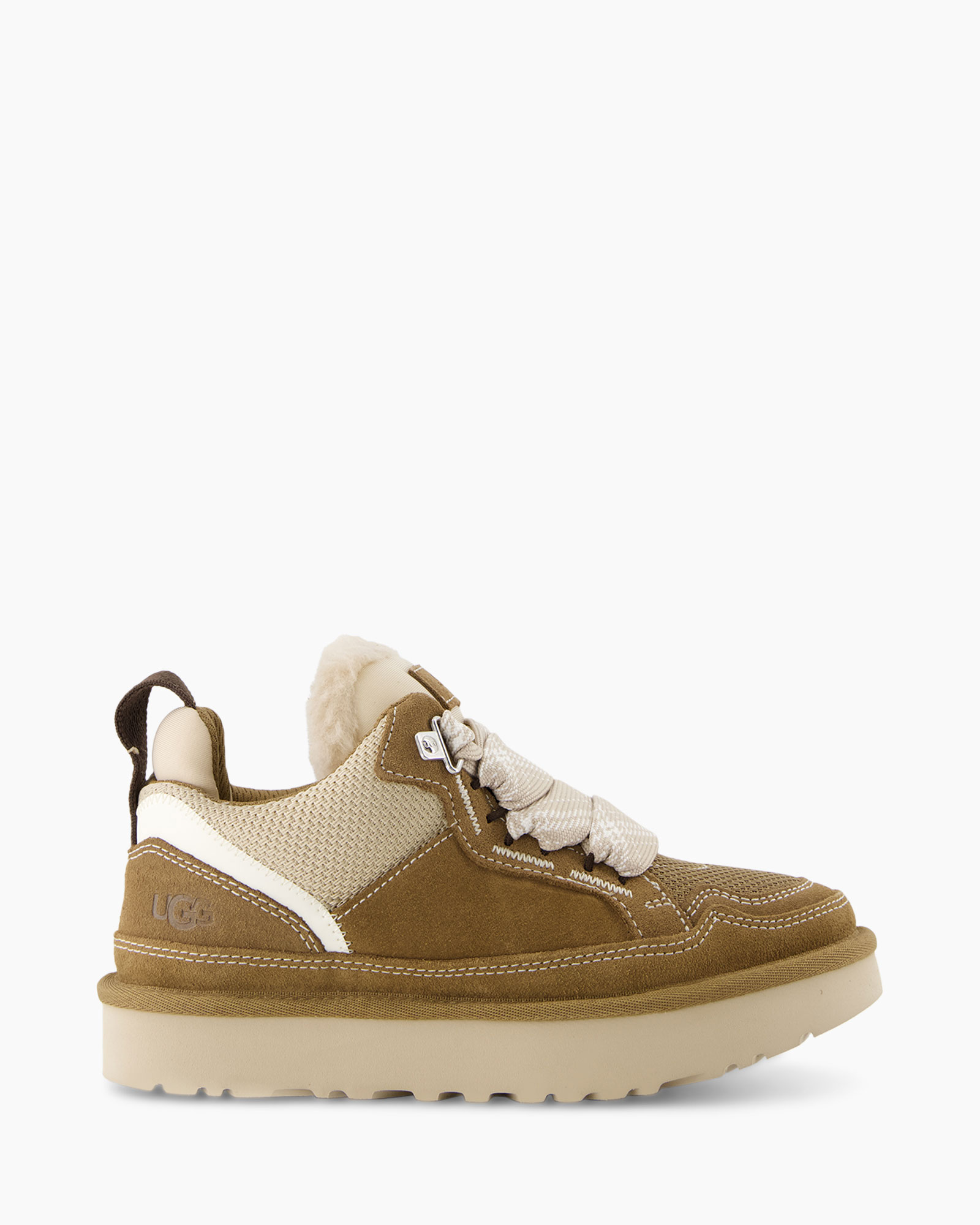 enkellaar, sneaker, tan, bontvoering, veters