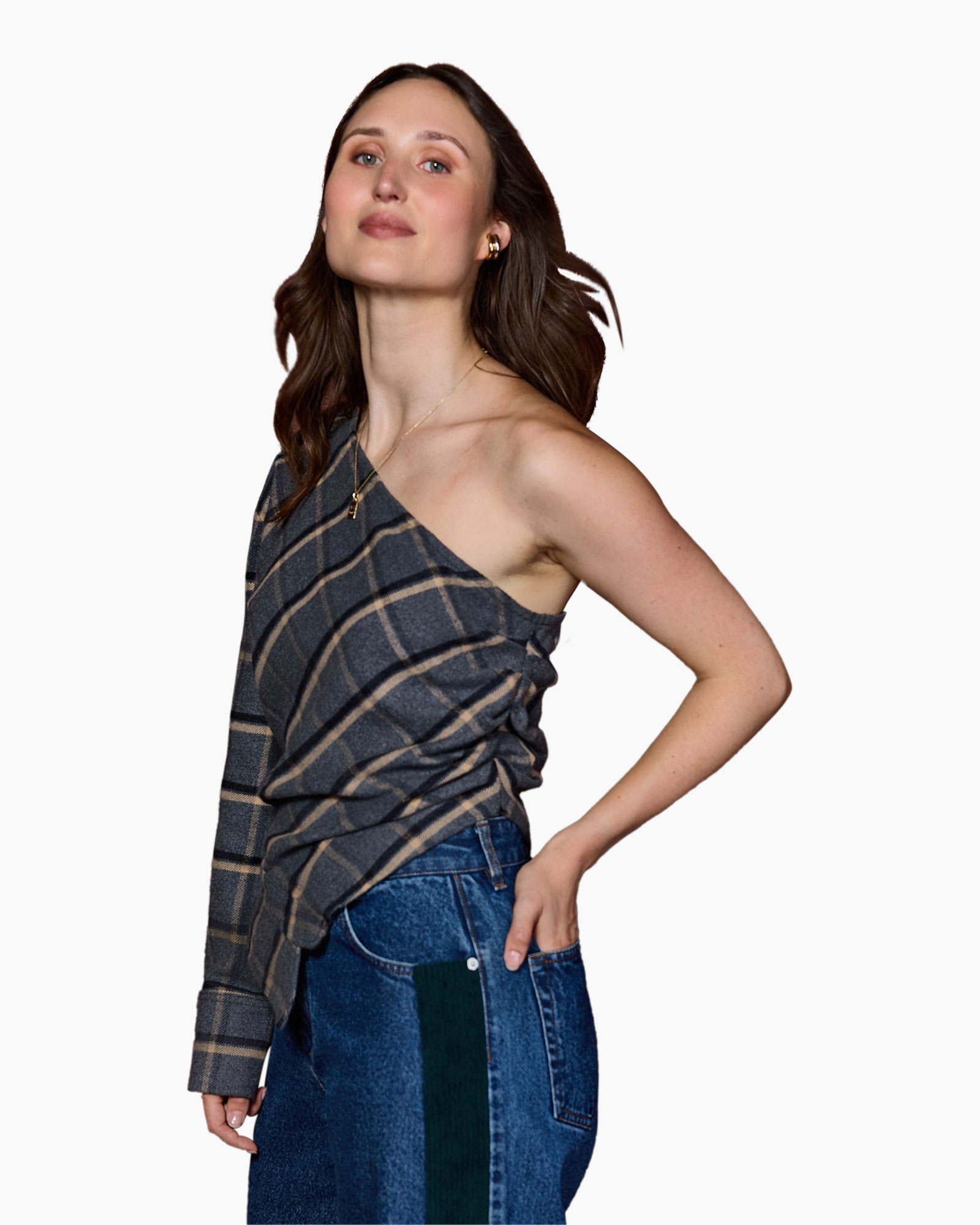 een-schouder, ruitjes, top, gebreid, jeans