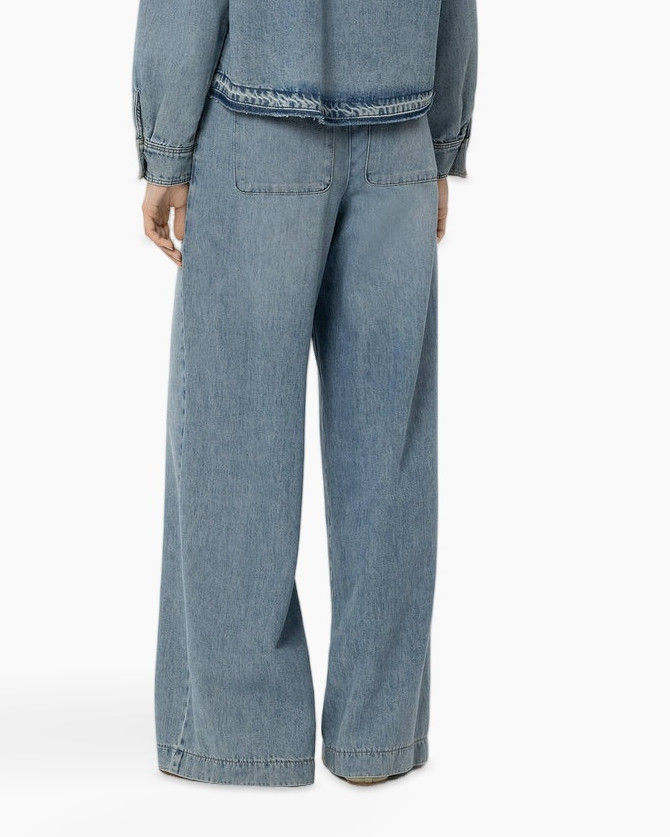 broek van denim, wijd uitlopende pijpen, hoge taille, vijf zakken, stonewashed