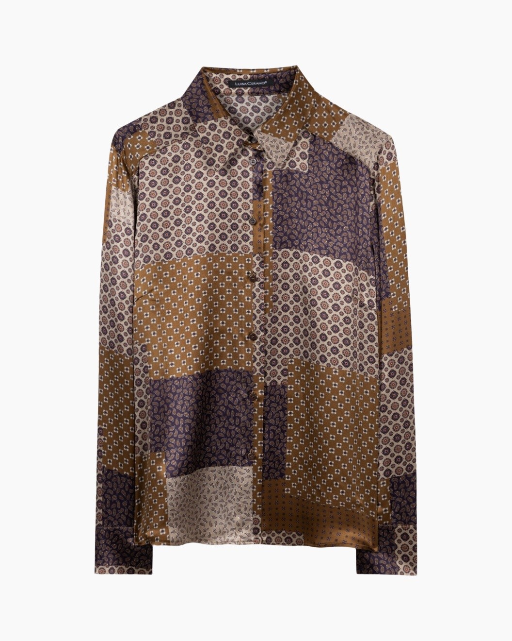 blouse, knopen-down, patchwork, patroon, lange mouw