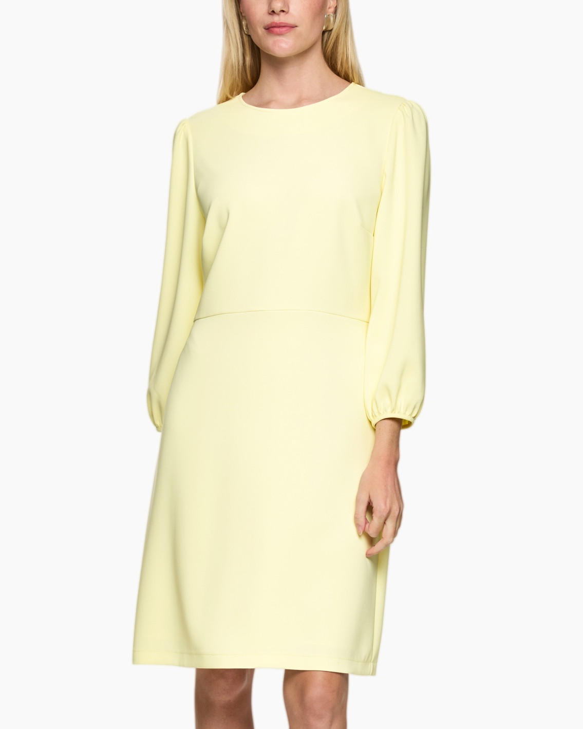 dress, knee-length, puff-sleeve, pastel-yellow, handbag