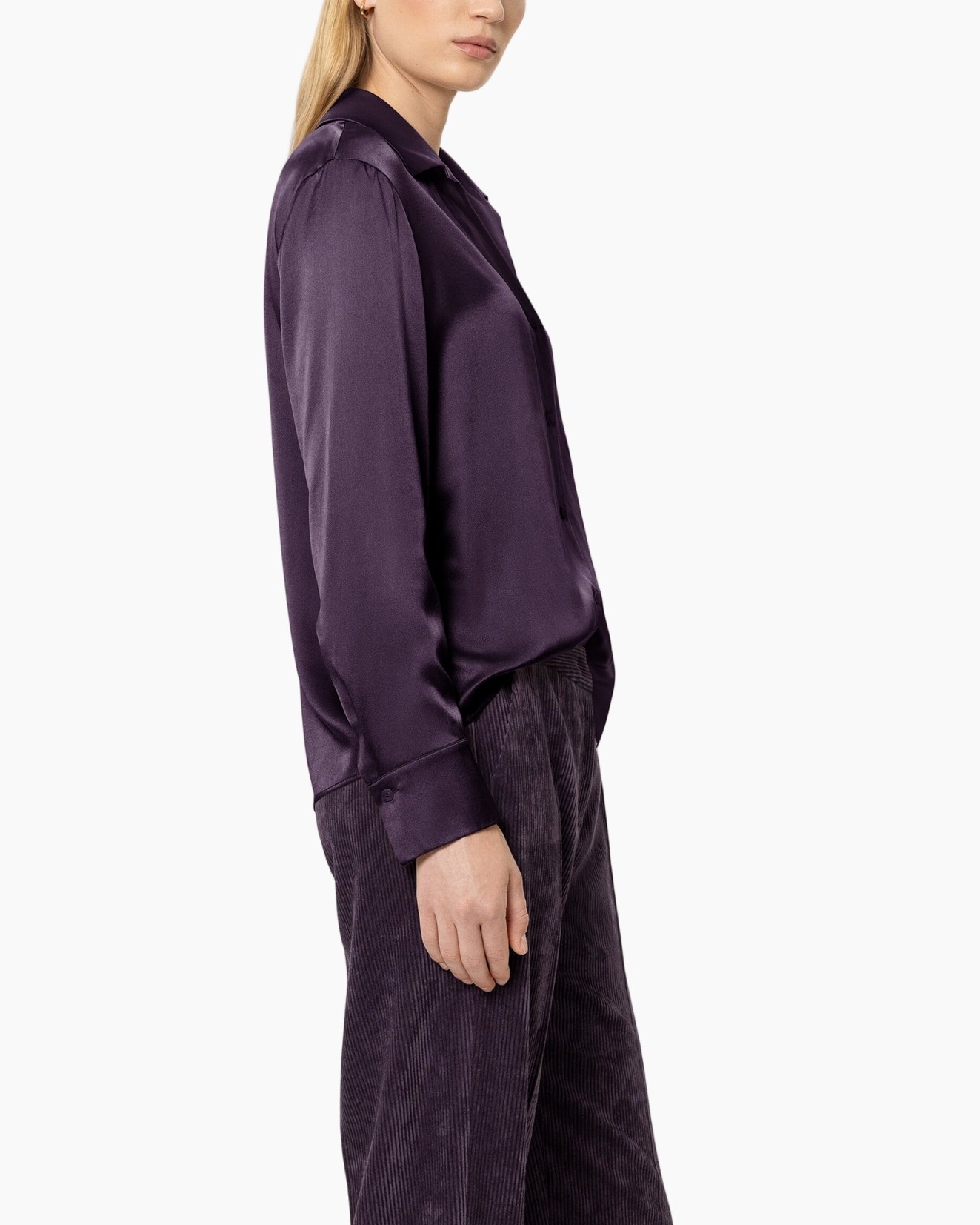 zijden blouse, paars, lange mouw, kraag blouse, effen kleur