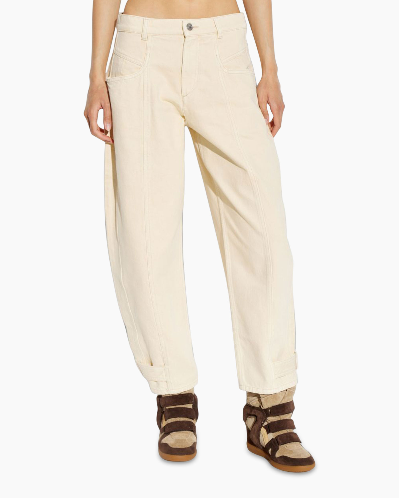 beige broek, wijd uit, denim-achtig, voorvakken, enkellaarzen