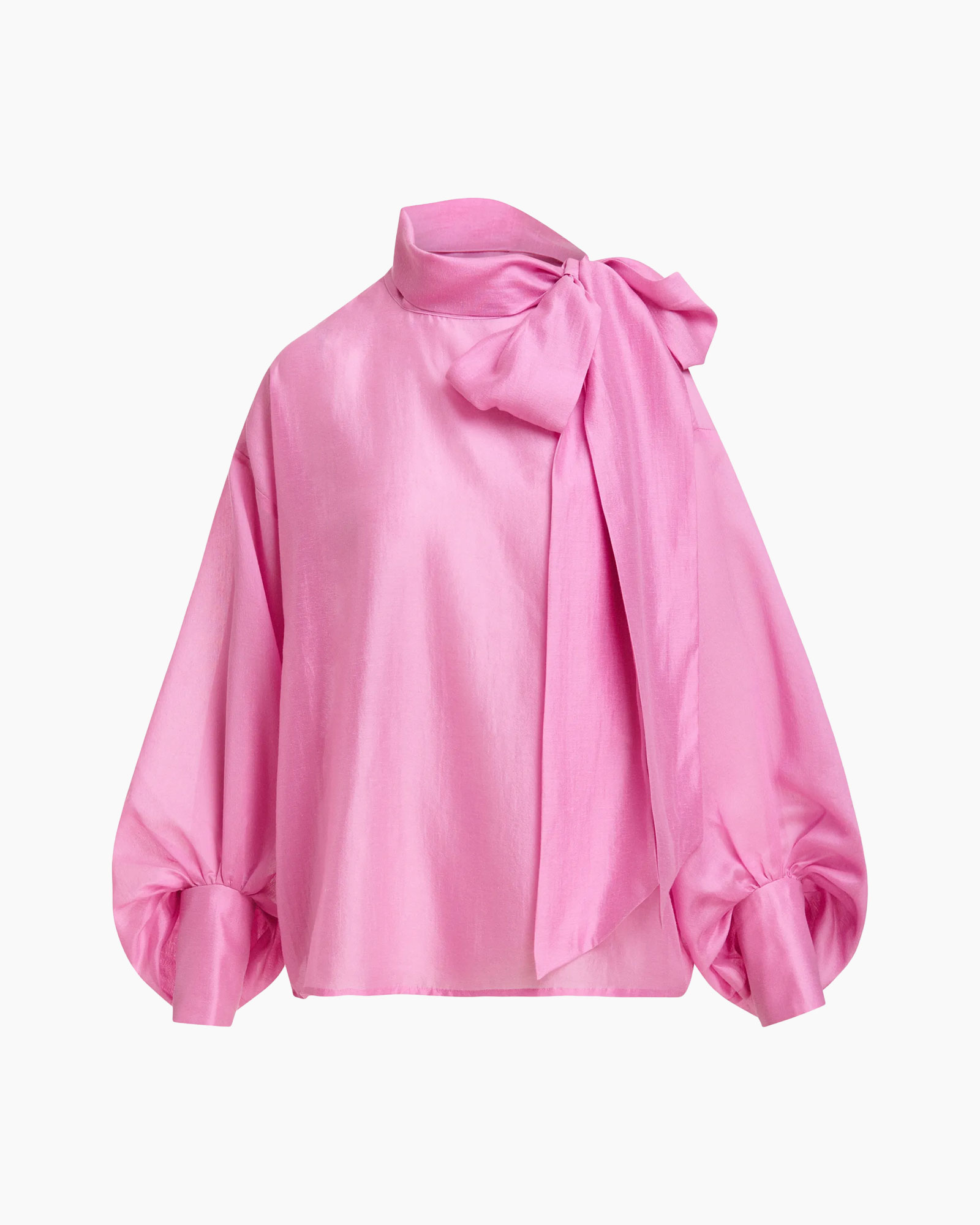 blouse, roze, knoop-kraag, pofmouw, zijden satijn