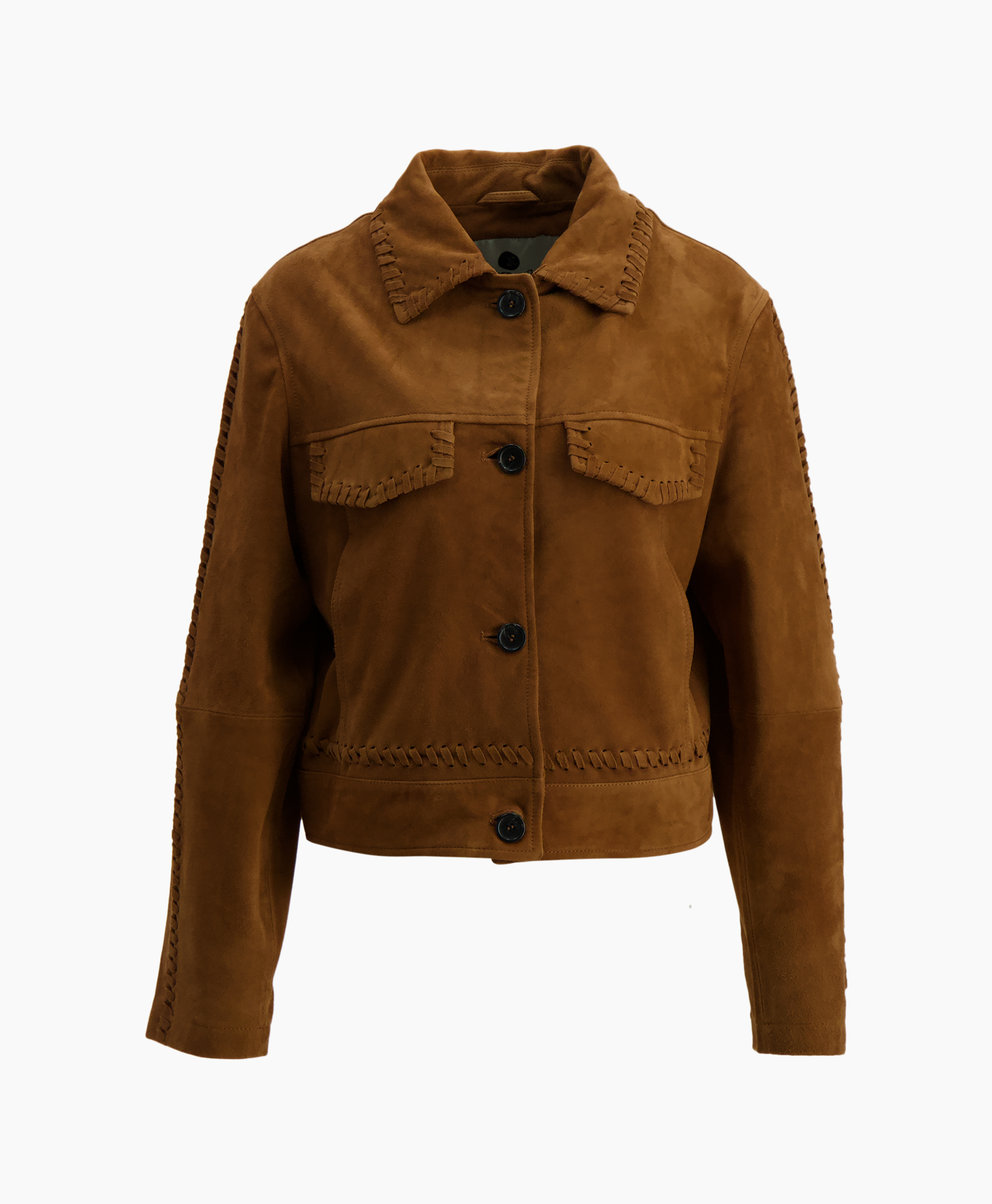 jacket, suede, brown, button-up, stitched detail