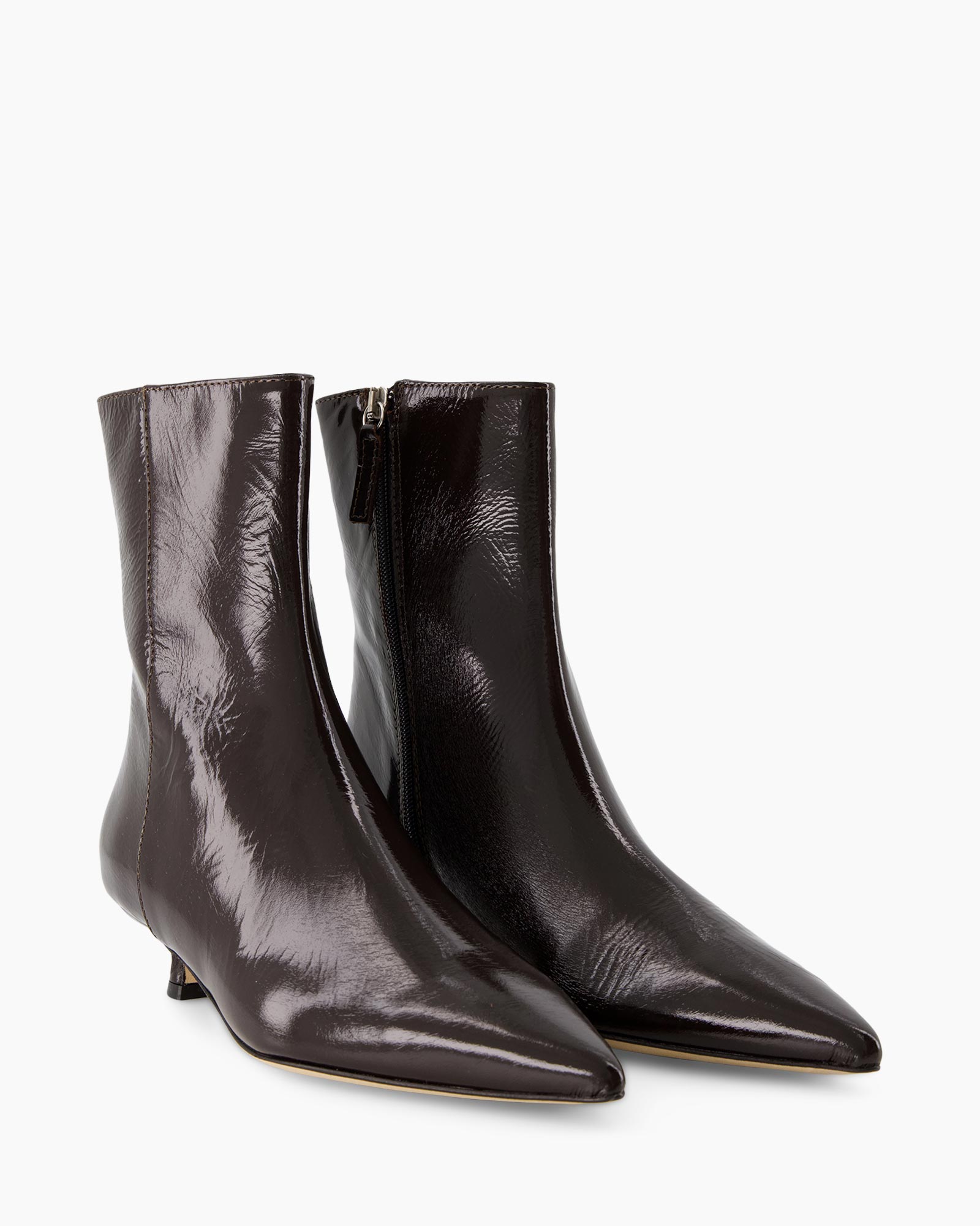 ankleboot, Patentleer, donkerbruin, middelhooghiel, stilettohiel