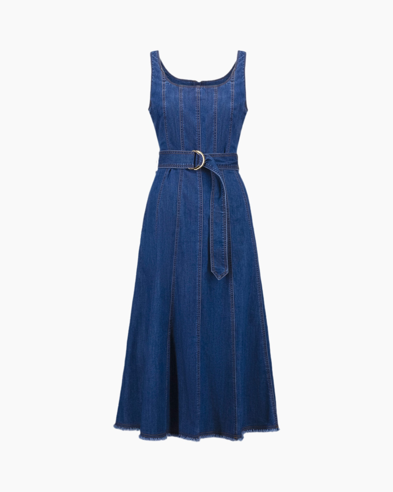 denim dress, sleeveless, belted, mid-length, blue jean fabric