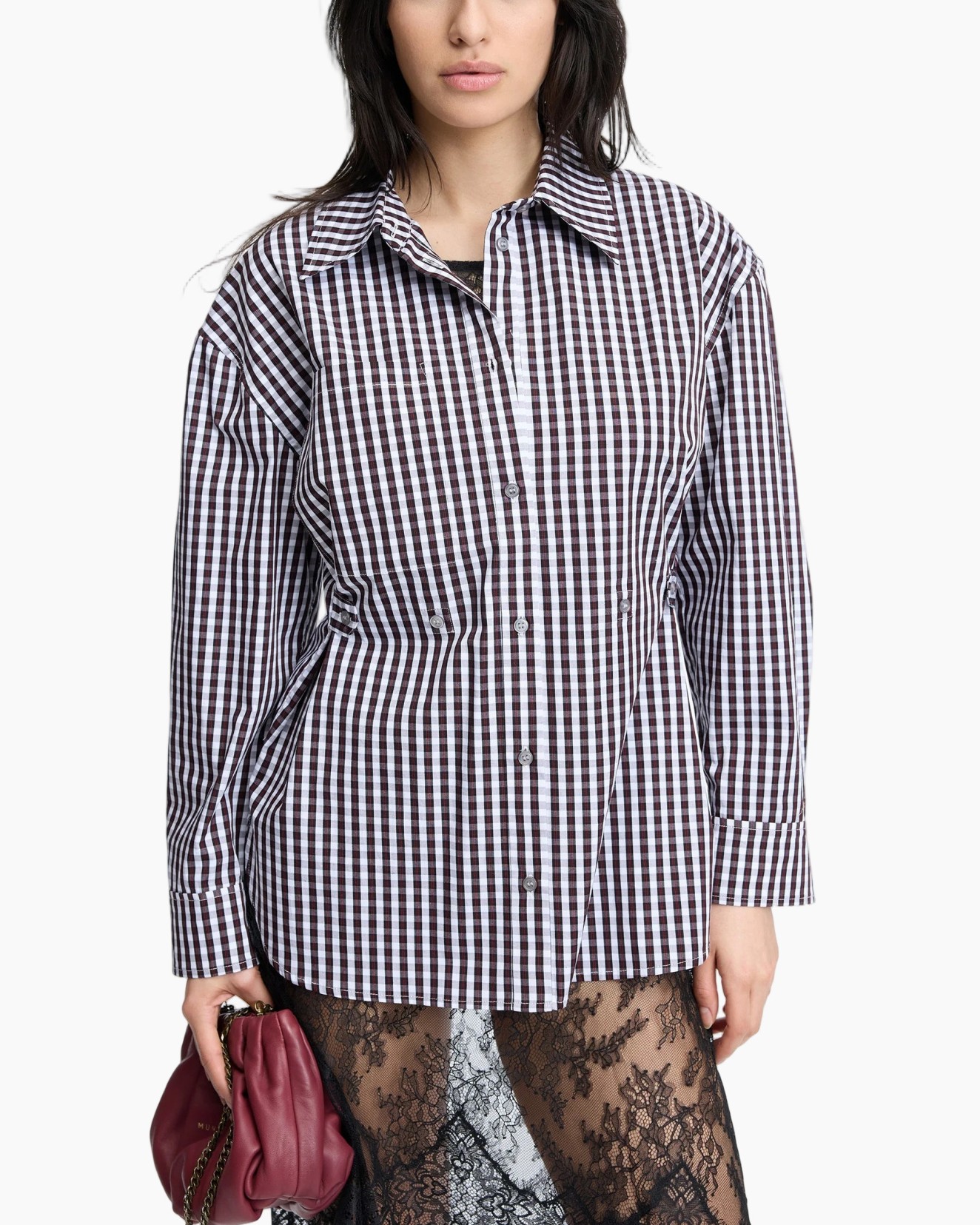 Damesblouse, Lange mouwen, Knoopsluiting, Vichyruit, Bruin en wit