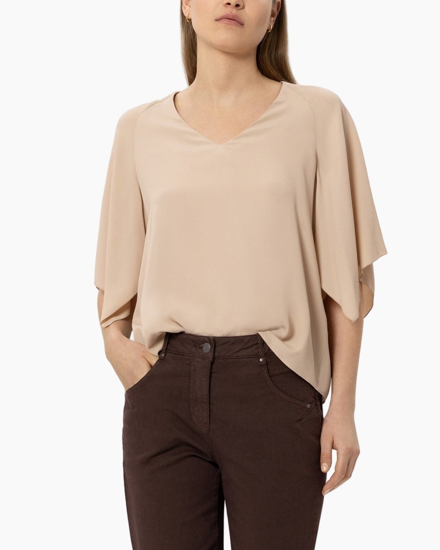 blouse, mouwen met vleugel, v-hals, beige, lange mouwen