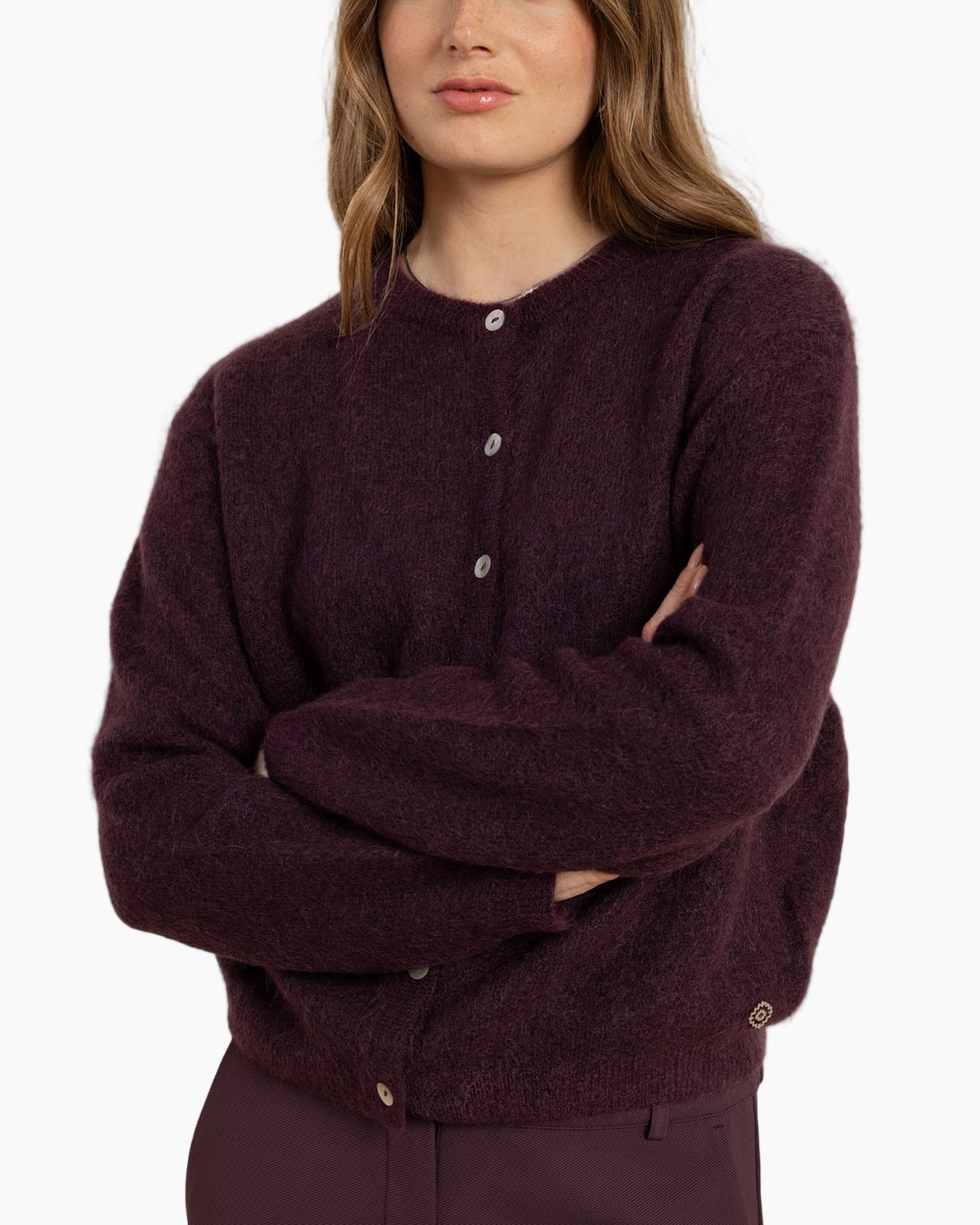 cardigan, gebreide, bordeaux, lange mouw, knopen