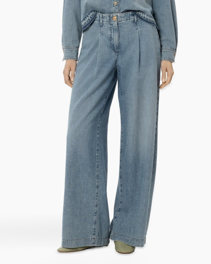 broek van denim, wijd uitlopende pijpen, hoge taille, vijf zakken, stonewashed